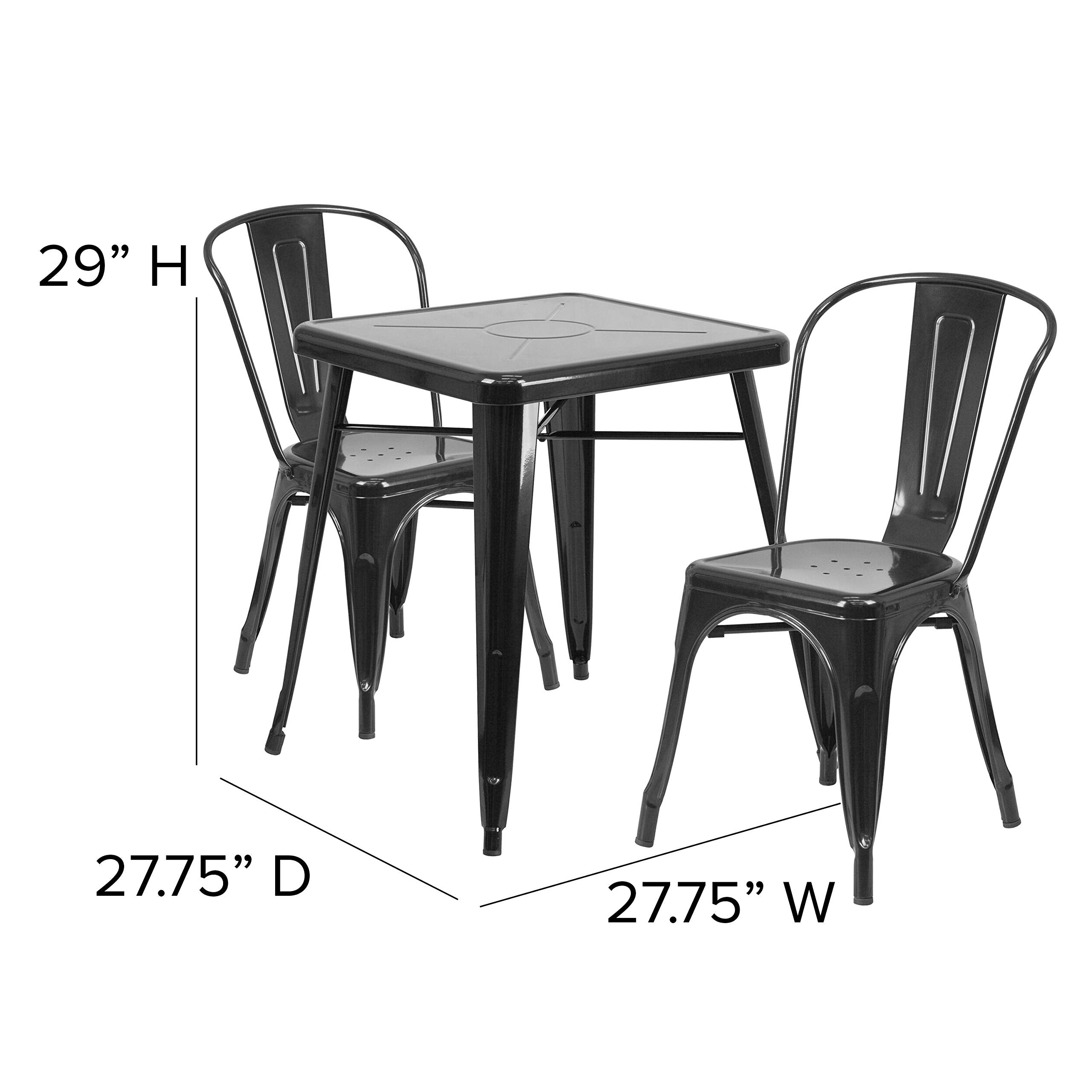 Flash Furniture Commercial Grade 23.75&quot; Square Black Metal Indoor-Outdoor Table Set With 2 Stack Chairs