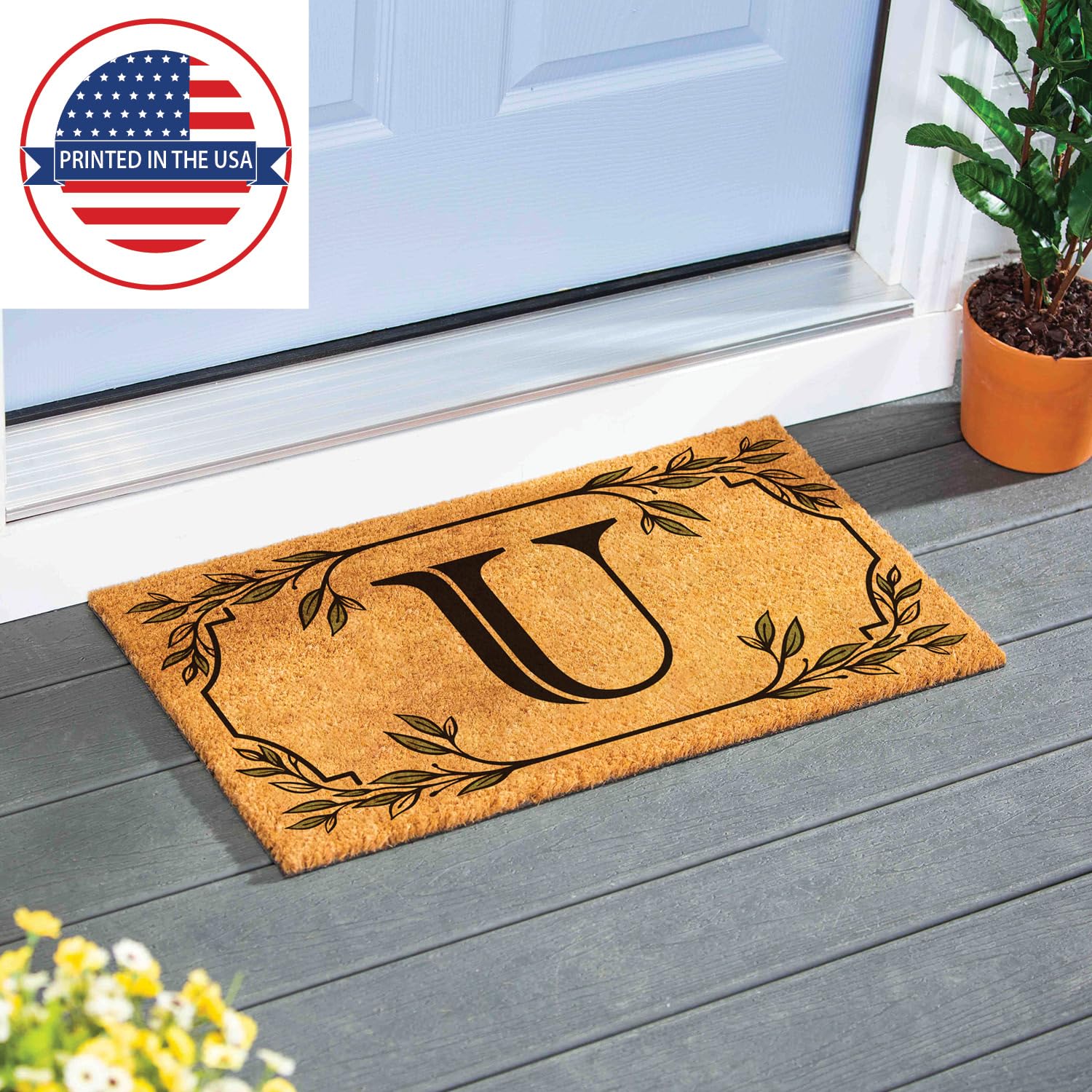 Evergreen Monogram Coir Doormat | Letter U | Front Door Mat For Outdoor Indoor Entrance | 28X16 Inches | Non-Slip Backing Doorwa