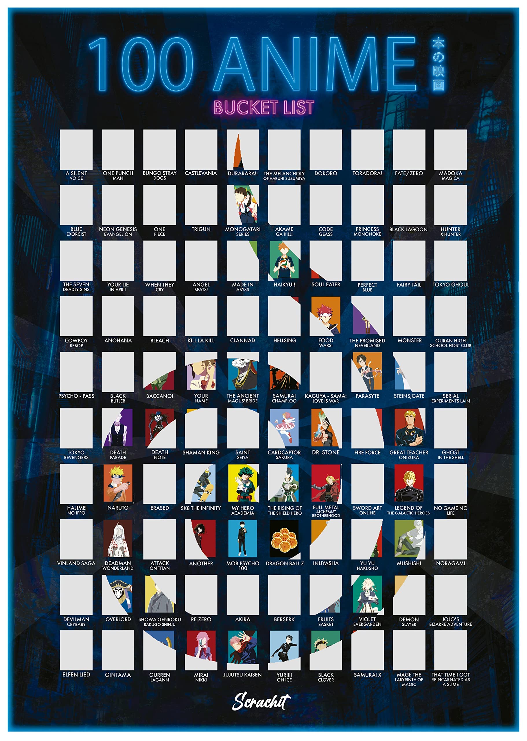 Scrachit Top 100 Anime Scratch Off Poster - 23X17 - Challenge Bucket List Anime Gift - Best Gifts For Anime Lovers