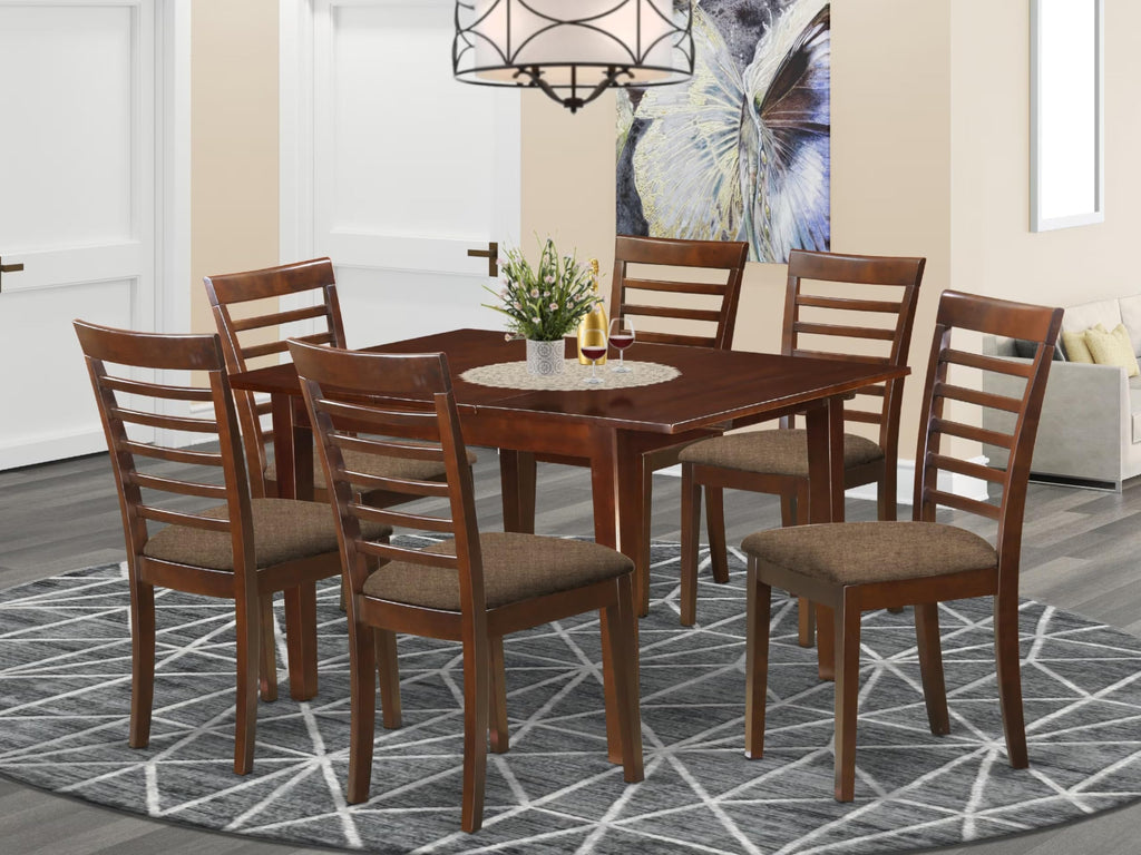 East West Furniture MILA7-MAH-C 7 Piece Dining Table Set Consist of a Rectangle Dinner Table with Butterfly Leaf and 6 Linen Fabric Dining Room Chairs, 36x54 Inch, Mahogany