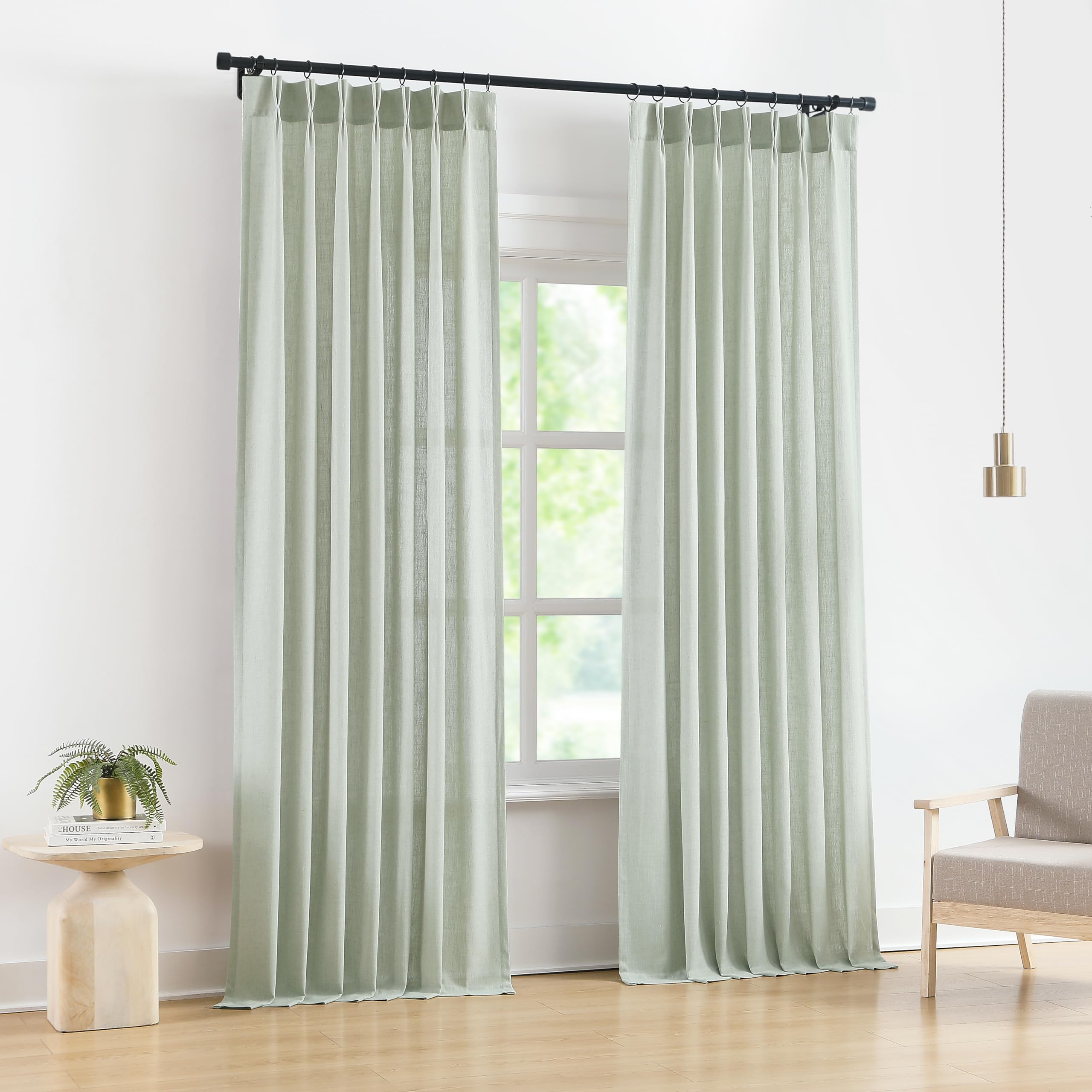 Vision Home Soft Green Pinch Pleated Semi Sheer Curtains Textured Linen Blended Light Filtering Window Curtains 108 Inch For Liv