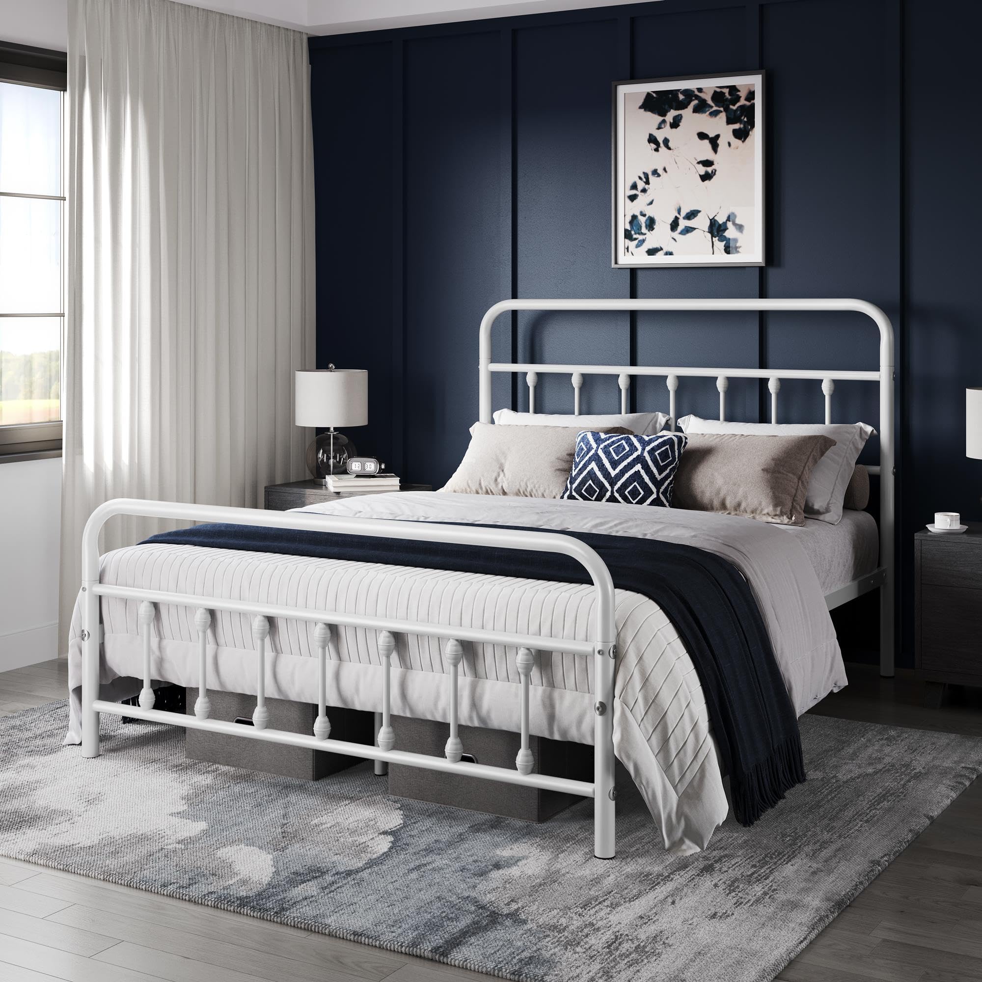 Yaheetech Classic Metal Platform Bed Frame Mattress Foundation With Victorian Style Iron-Art Headboard/Footboard/Under Bed Storage/No Box Spring Needed/Queen Size White