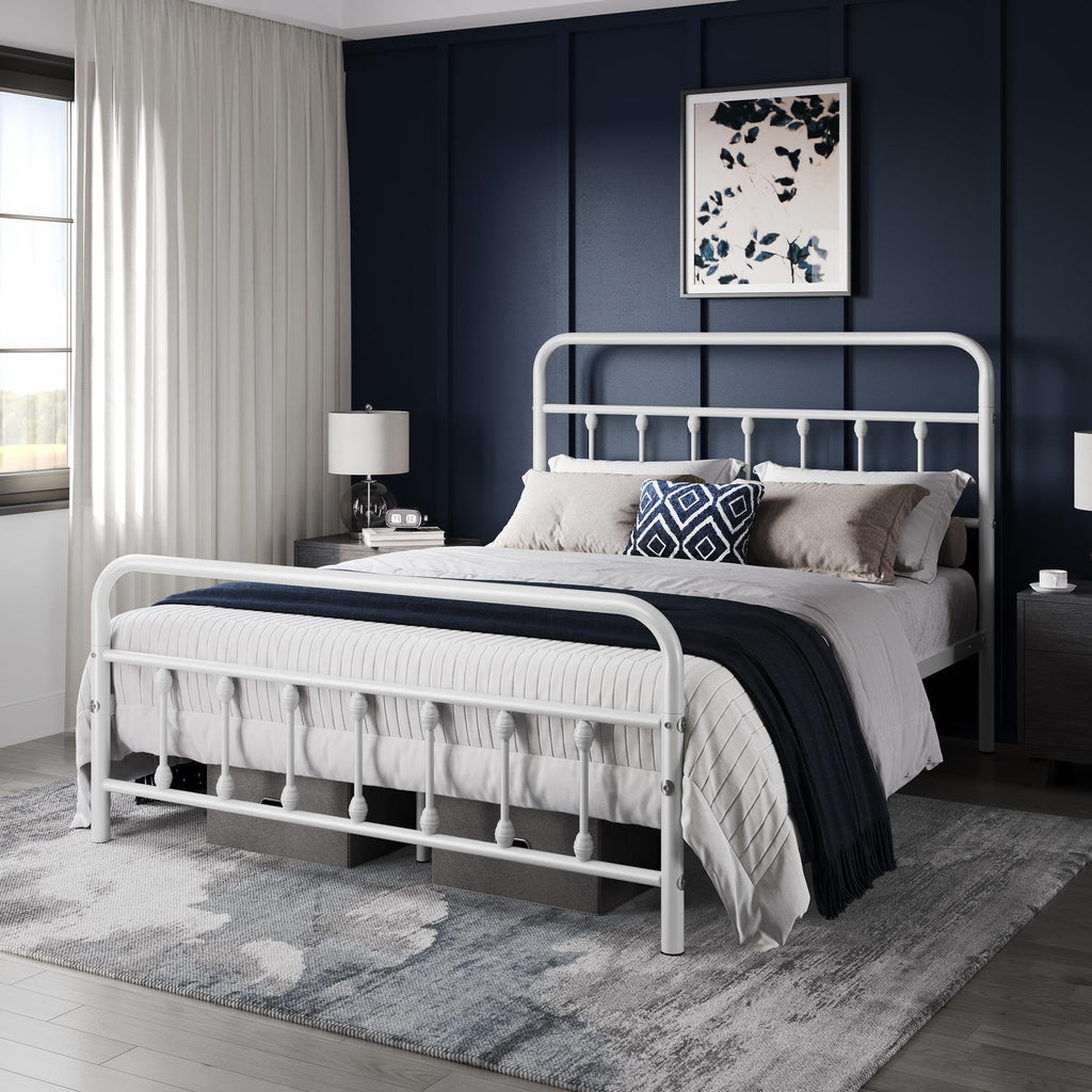 Yaheetech Classic Metal Platform Bed Frame Mattress Foundation With Victorian Style Iron-Art Headboard/Footboard/Under Bed Storage/No Box Spring Needed/Queen Size White