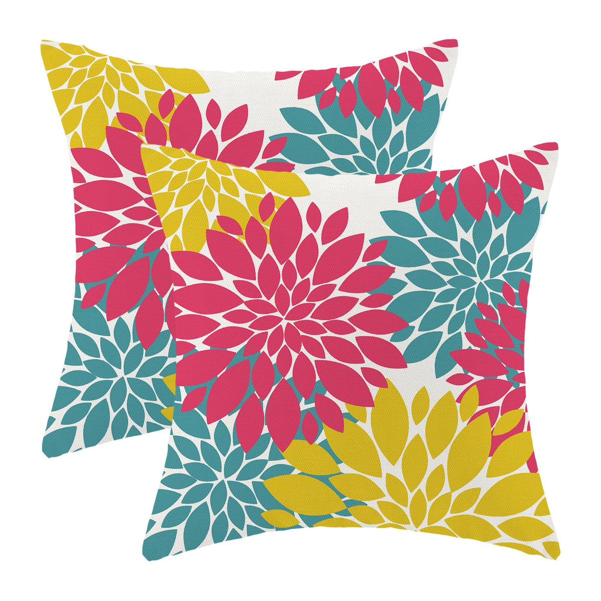 Cxmeifly Hot Pink Summer Outdoor Pillow Covers 18X18 Inch Set Of 2 Yellow Teal Dahlia Floral Decor Throw Pillows Modern Geometry