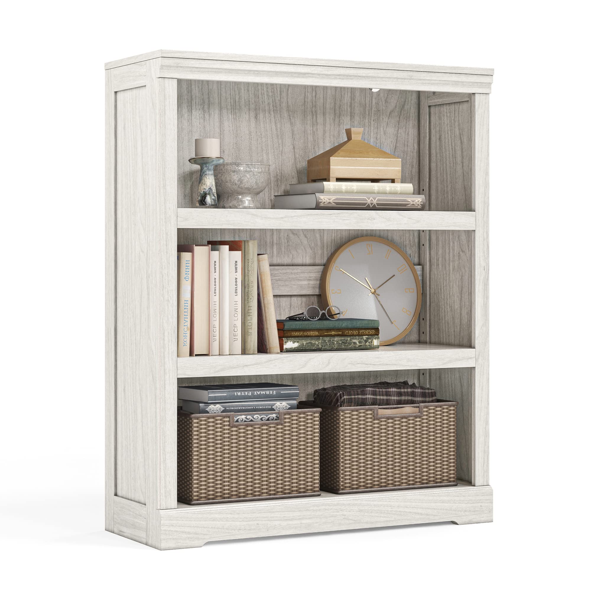 LINSY HOME 3-Tier Bookcase and Bookshelf, Small Wood Display Storage Shelves Farmhouse Bookshelf for Home Office, Living Room, B