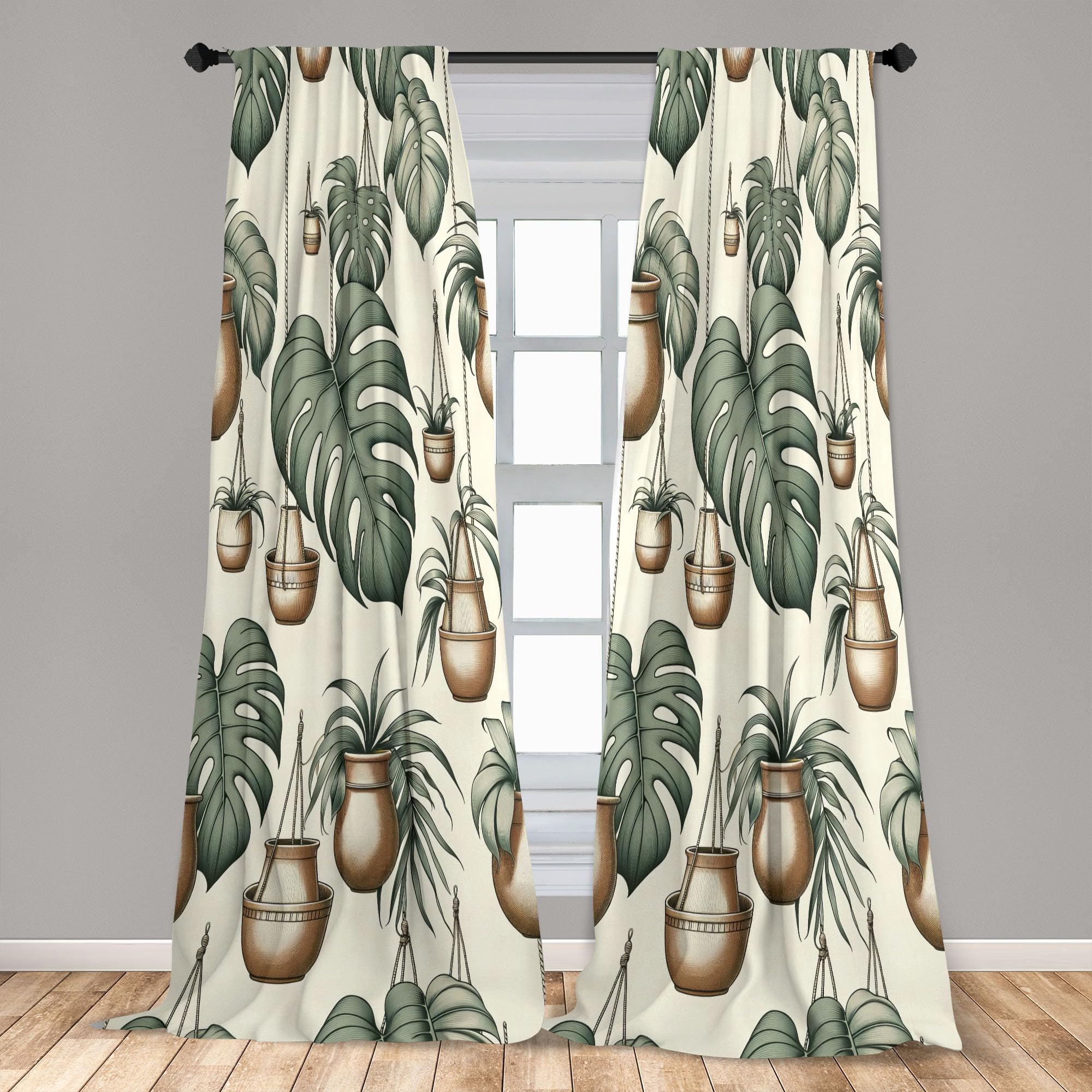 Ambesonne Tropical Curtains, Modern Greenery Monstera Leaves And Flowerpots Illustration Bohemian, Window Treatments 2 Panel Set
