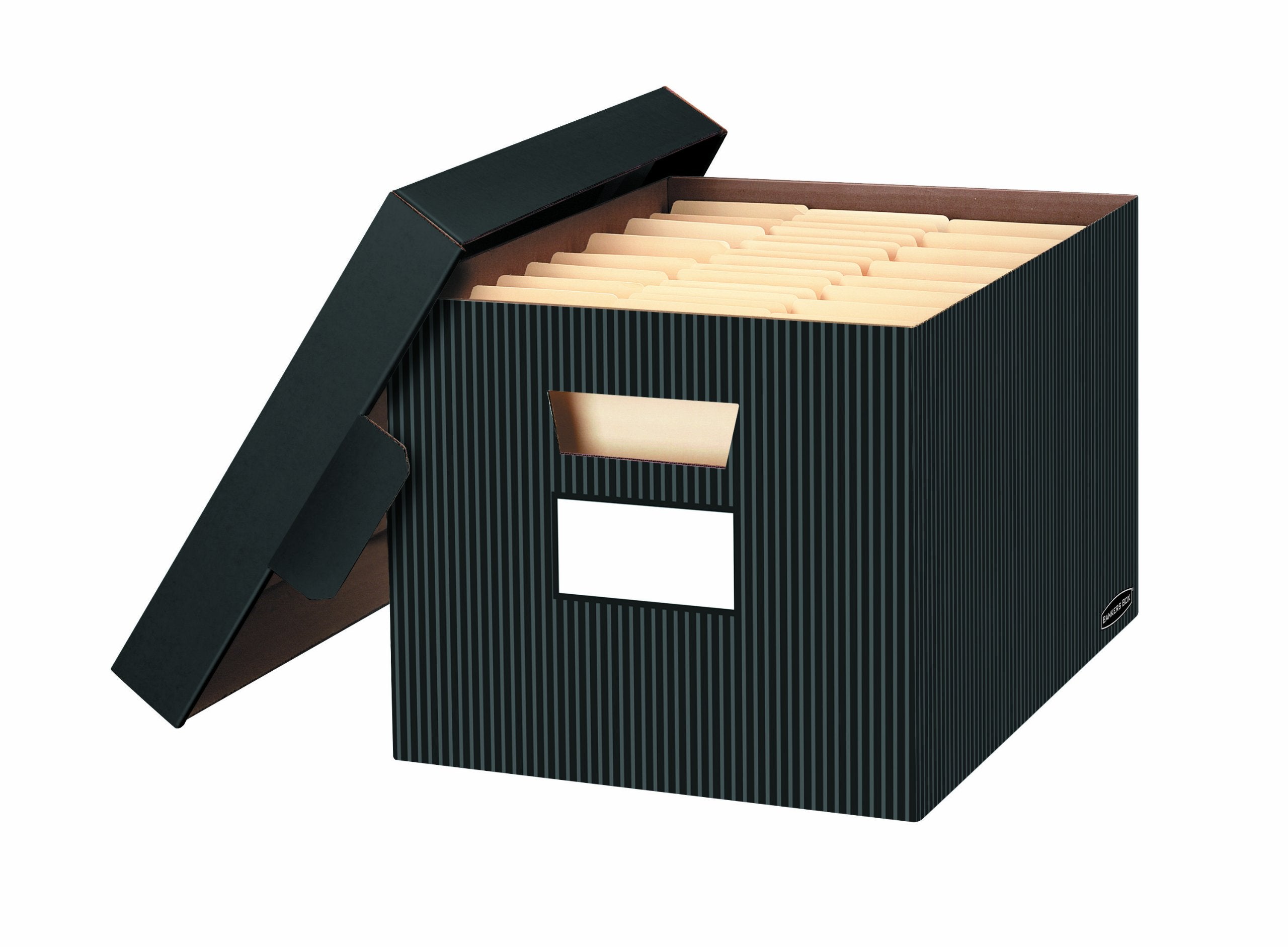 Bankers Box 4 Pack Stor/File Decorative Medium-Duty File Storage Boxes, Fastfold, Lift-Off Lid, Letter/Legal, Black/Gray Pinstri