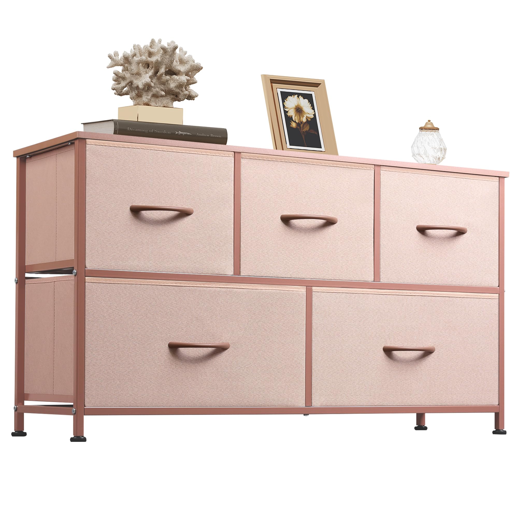 Wlive Dresser For Bedroom With 5 Drawers, Wide Chest Of Drawers, Fabric Dresser, Storage Organization Unit With Fabric Bins For Closet, Living Room, Hallway, Pink And Rose Gold