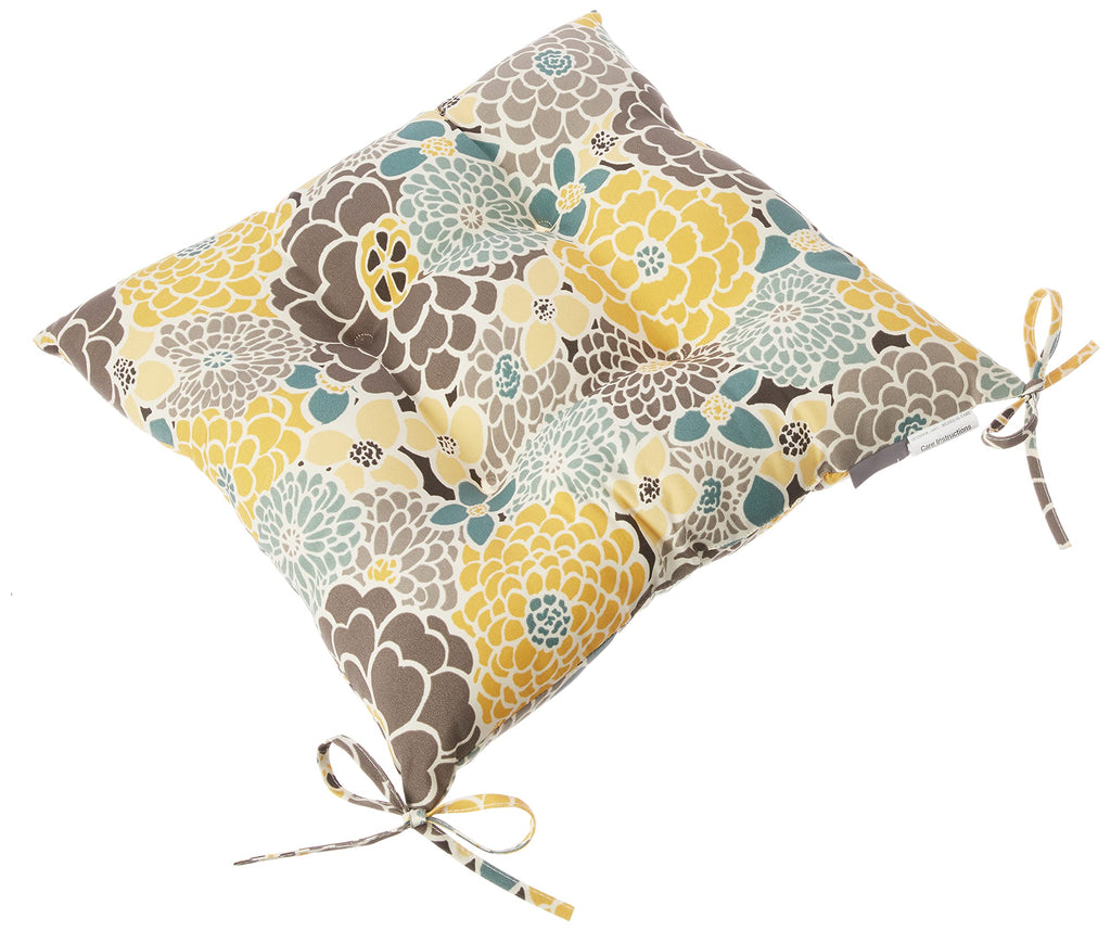 Pillow Perfect Bright Floral Indoor/Outdoor Chair Seat Cushion With Ties, Tufted, Weather, And Fade Resistant, 18.5' X 19', Bl