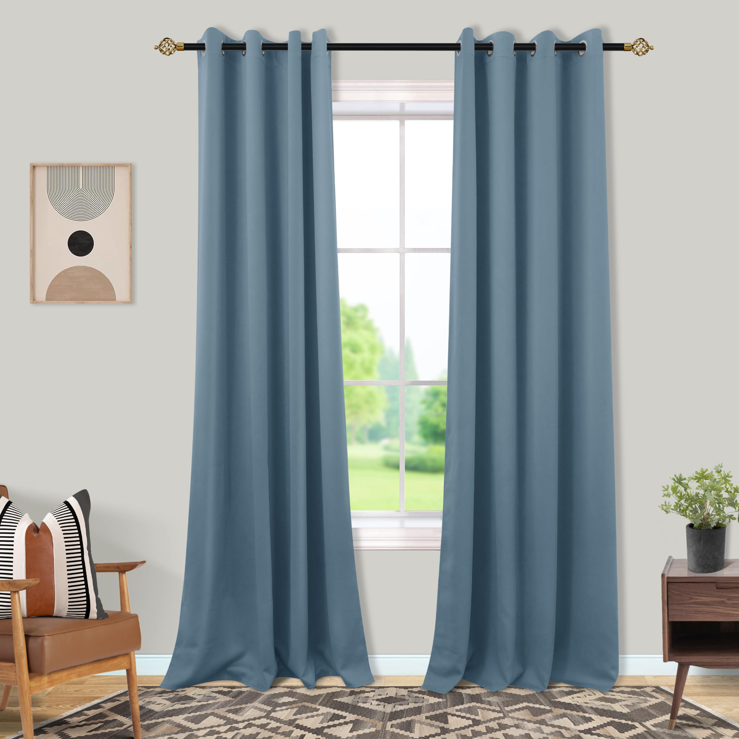 Mrs.Naturall Stone Blue Grommet Blackout Curtains For Bedroom 52X96 Incesh Long