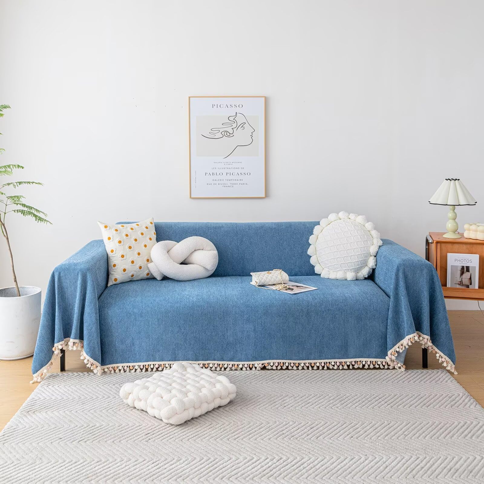 VClife XL Couch Cover Breathable Pet Friendly Chenille Blue Sofa Cover with Ball Tassel Fringe Non Slip Wear Resistant Couch Cov