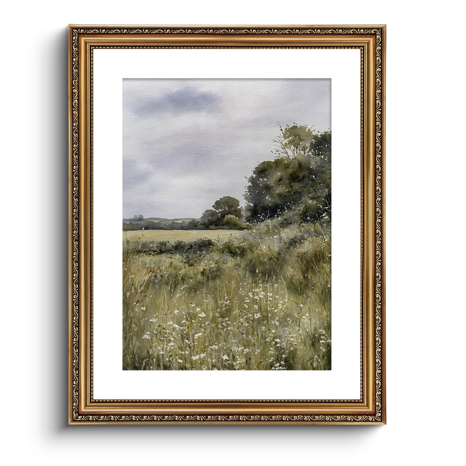 ARPEOTCY Vintage Gold Framed Large Wall Art, Farmhouse Meadow Landscape Country Painting, Canvas Prints with Antique Frame, Mood