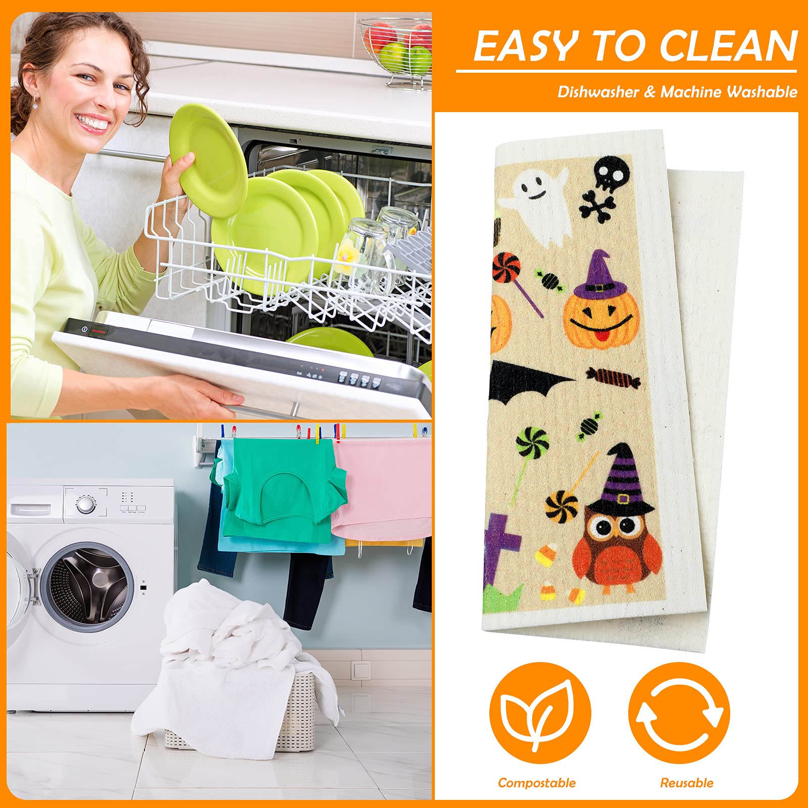 Honeydak 6 Pcs Halloween Swedish Dish Towels Ghost Pumpkin Swedish Kitchen Dishcloths Washable Reusable Halloween Dish Cloths Wi