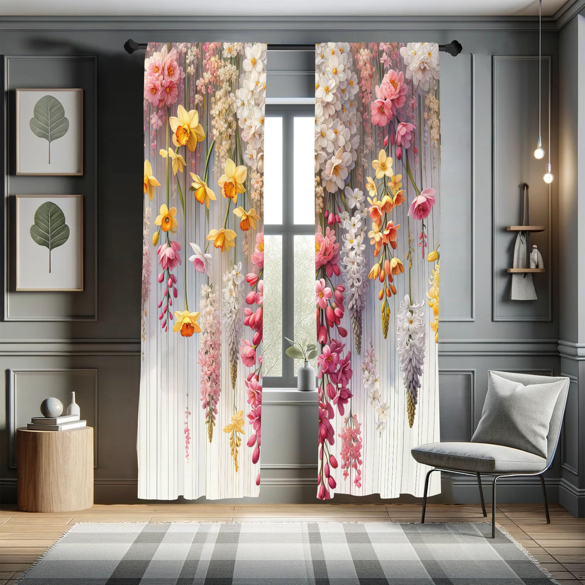 Ambesonne Spring Window Curtains, Farmhouse Dream Theme Lavenders Blooming Flowers With Abstract Stripes, Lightweight Decorative