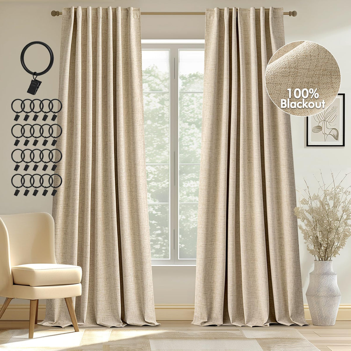 Miulee 100% Blackout Curtains 72 Inches Long, Linen Curtains & Drapes For Bedroom Back Tab Black Out Window Treatments Thermal Insulated Room Darkening Rod Pocket, Oatmeal Beige, 2 Panels