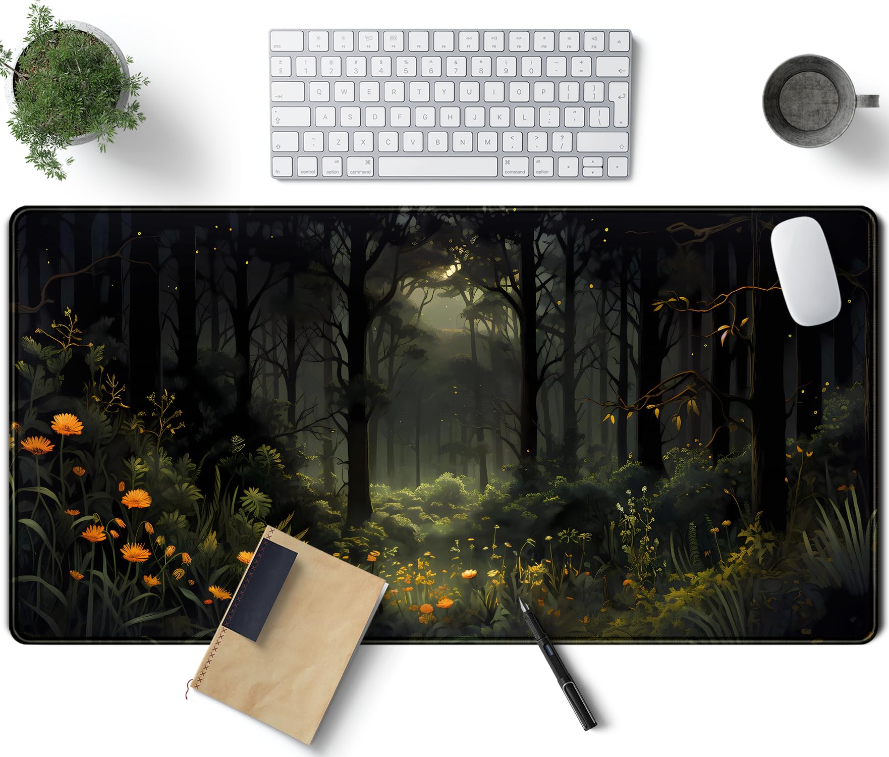 Dark Forest Desk Mat Mouse Pad, Green Nature Deskmat Xxl Large Extended Aesthetic Plant Mousepad Gaming Desk Pad, Big Laptop Com