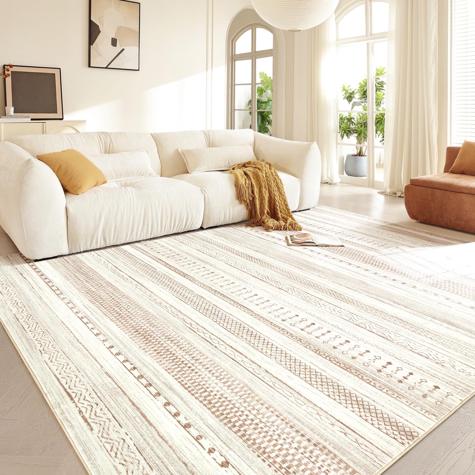 Boraya Area Rugs for Living Room: 5x7 Washable Boho Rug for Bedroom Large Neutral Bohemian Moroccan Farmhouse Geometric Dining R