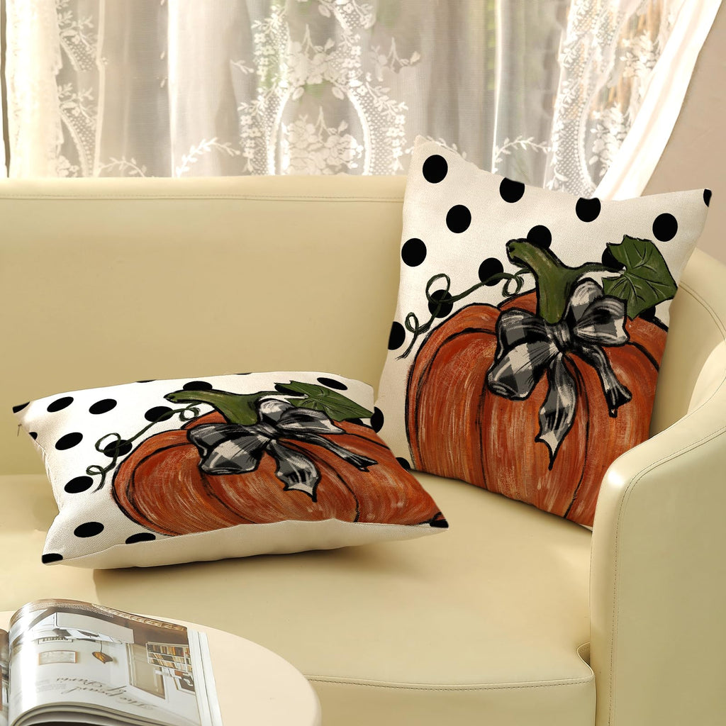 Fall Pillow Covers 18 X 18 Inch Set Of 2 Autumn Polka Dot Pumpkin Maple Leaves Throw Pillow Covers Outdoor Thanksgiving Harvest