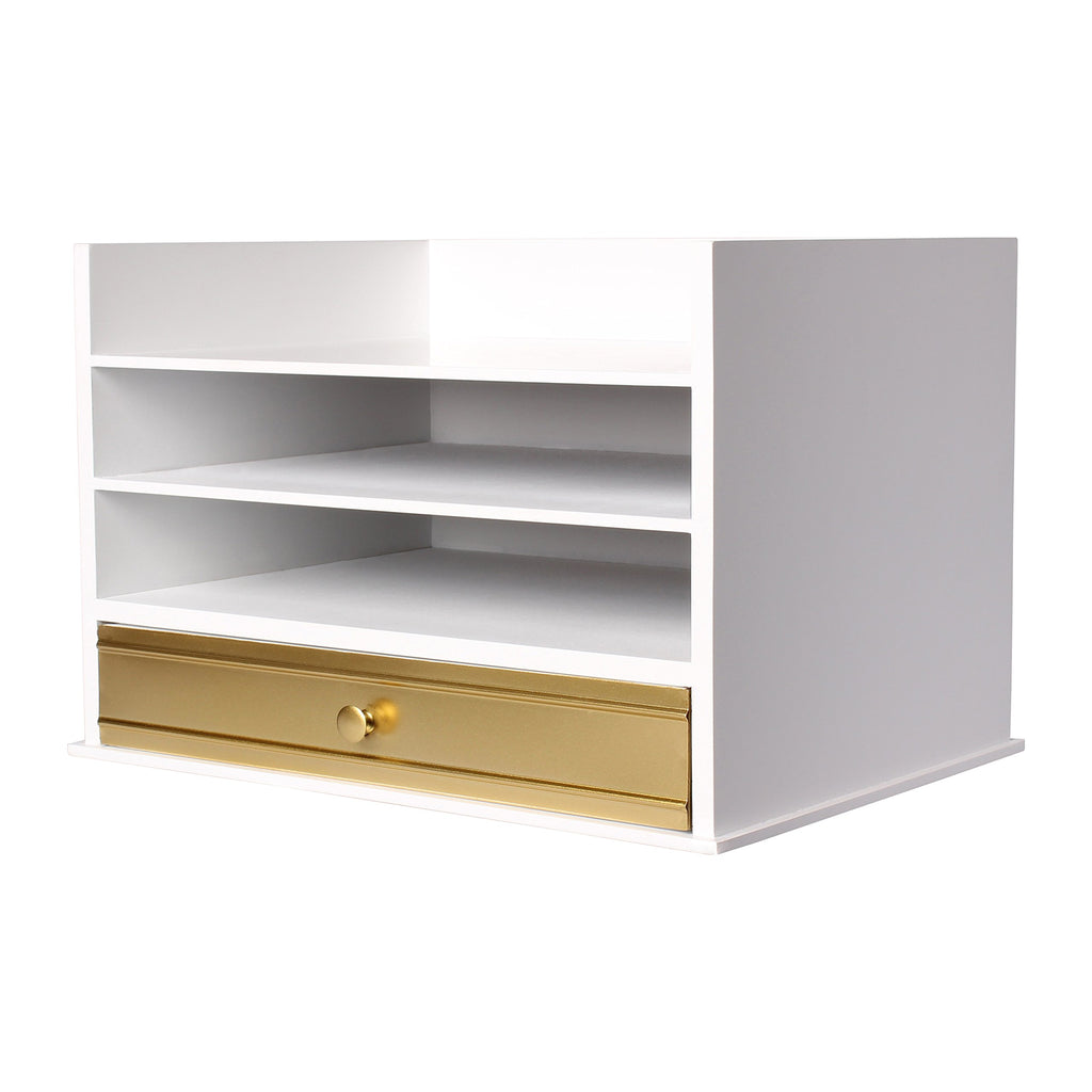 Kate And Laurel Industrious Desktop Wood Letter Tray With 3 Trays And Drawer, White And Gold