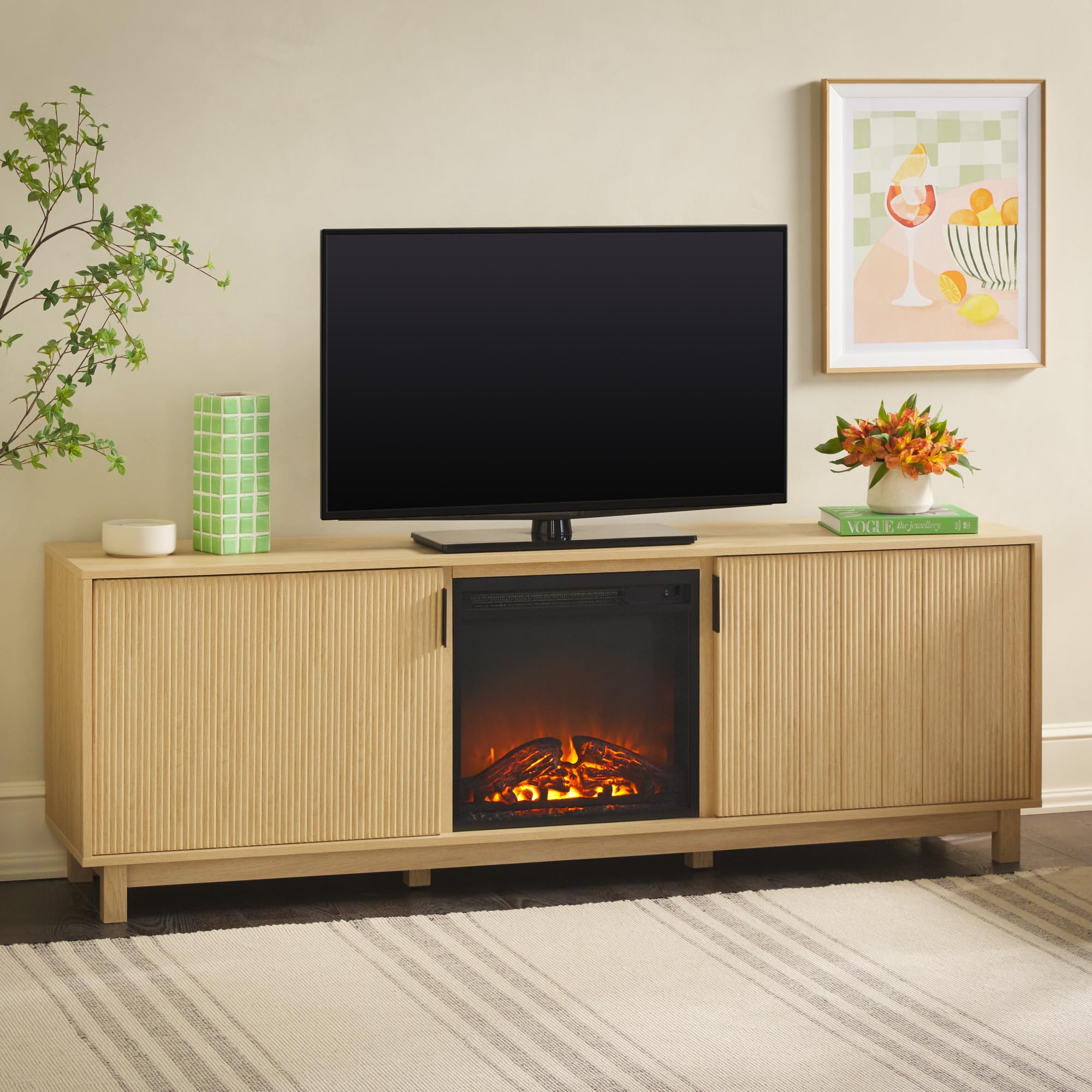Walker Edison 70' Modern Reeded Tv Stand With Freestanding Electric Fireplace, Cabinet Storage For Media And Games, Ambient Flame With Or Without Heat, 16' D X 23.76' H, Coastal Oak