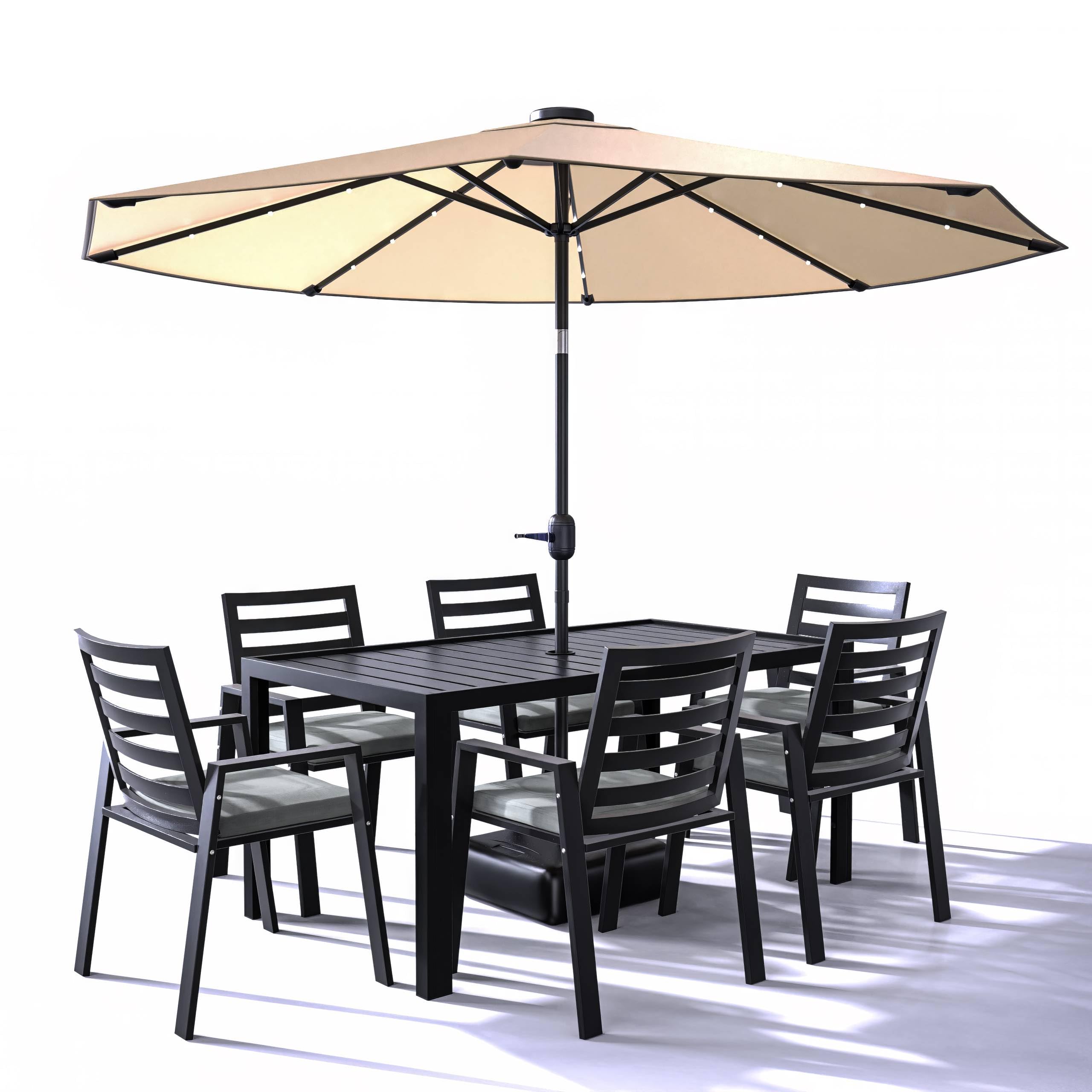 Chelsea Aluminum Outdoor Dining Table With 8 Chairs and Charcoal Black Cushions