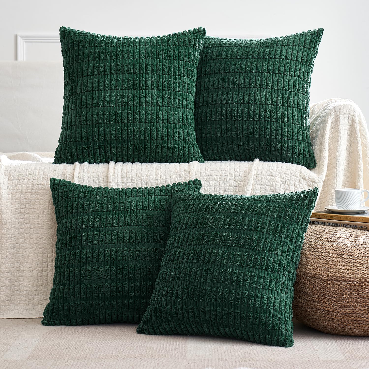 Miulee Pack Of 4 Dark Green Corduroy Decorative Throw Pillow Covers 18X18 Inch Soft Boho Striped Pillow Covers Modern Farmhouse Home Decor For Sofa Living Room Couch Bed