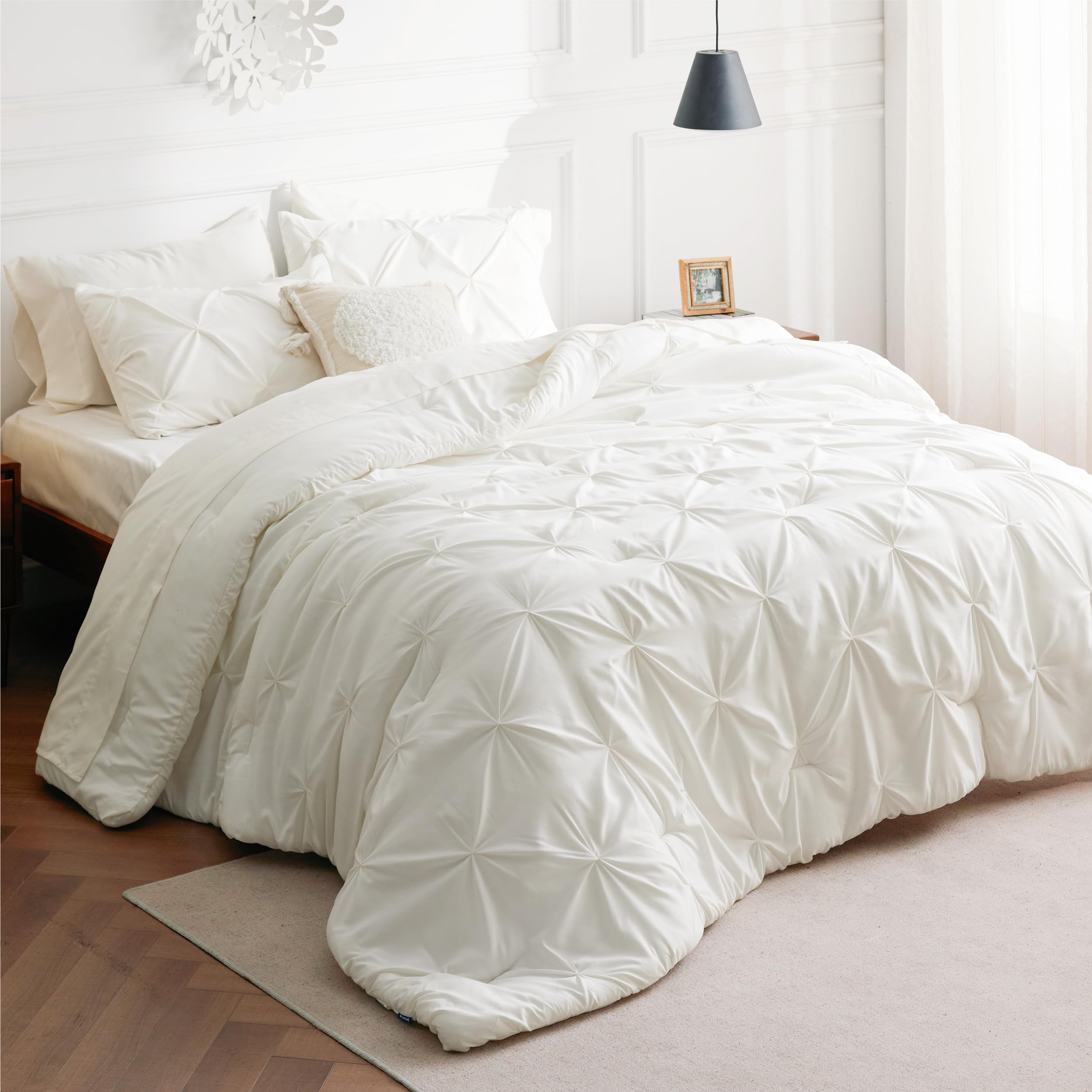 Bedsure King Size Comforter Set - Bedding Set King 7 Pieces, Pintuck Bed In A Bag Ivory Bed Set With Comforter, Sheets, Pillowca