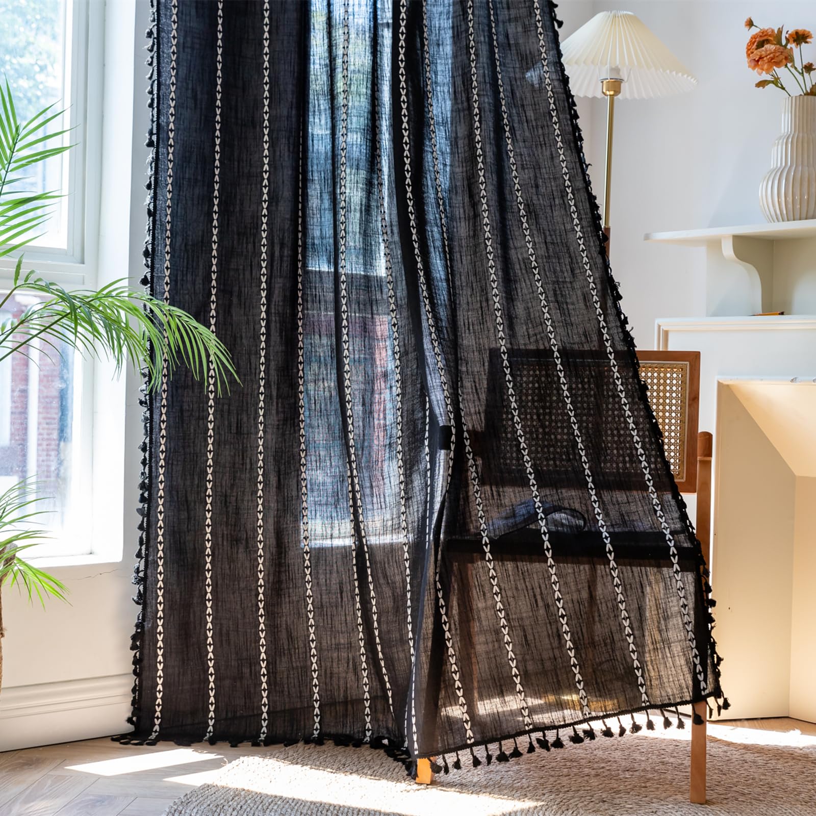 Deeprove Black Boho Curtains 84 inches Long with Tassel for Bedroom, Vintage Bohemian Embroidery Farmhouse Cotton Linen French C