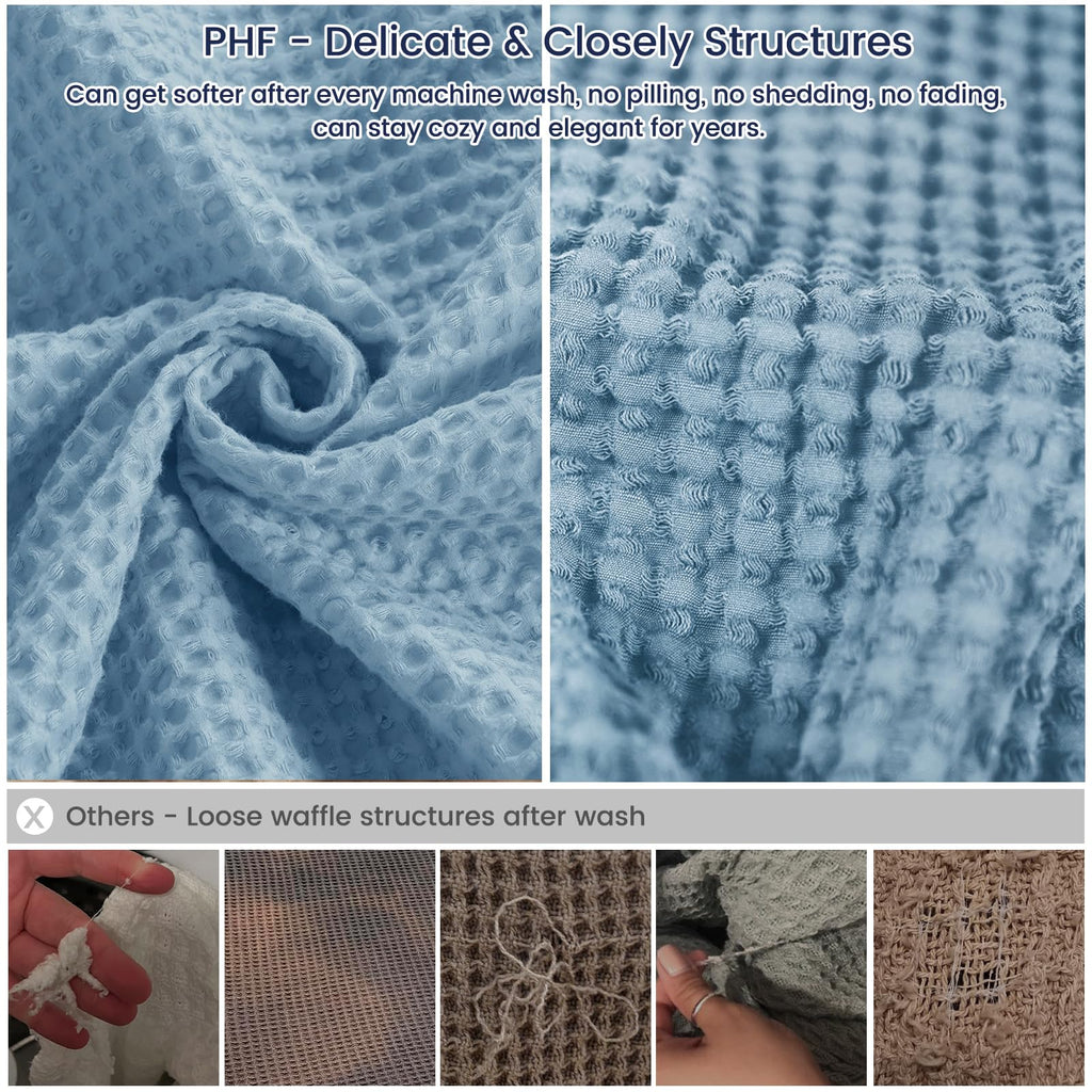Phf 100% Cotton Waffle Weave Blanket Oversized King Size 120'X 120'- Lightweight Washed Soft Breathable Huge Blanket- Extra Large Big Blanket For Couch Bed Sofa- Aesthetic Home Decoration - Dusty Blue