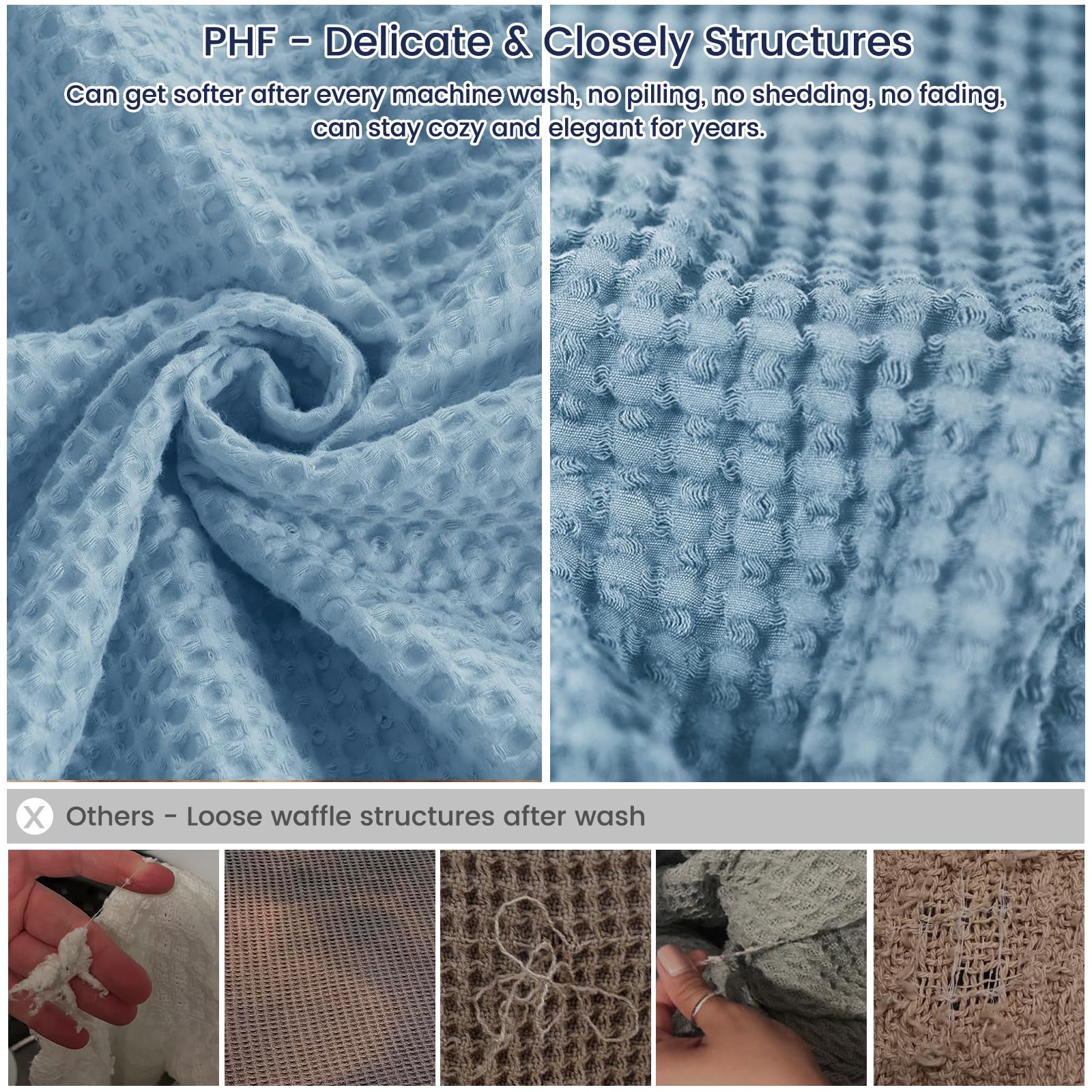 Phf 100% Cotton Waffle Weave Blanket Oversized King Size 120'X 120'- Lightweight Washed Soft Breathable Huge Blanket- Extra Large Big Blanket For Couch Bed Sofa- Aesthetic Home Decoration - Dusty Blue