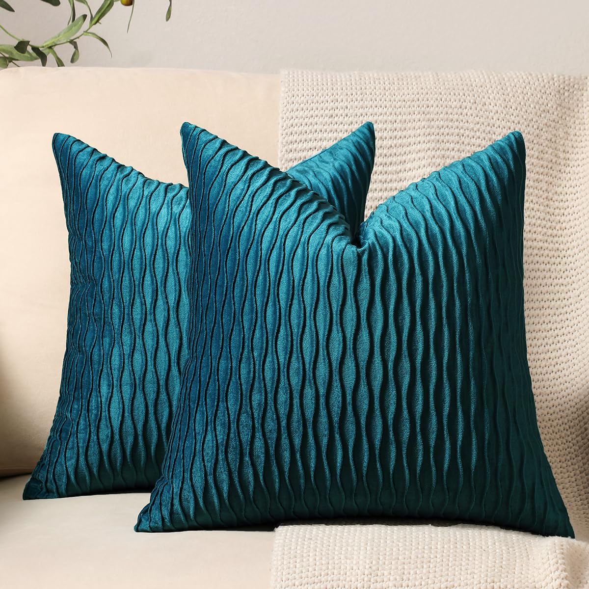 Dezene 16X16 Teal Throw Pillow Cases: 2 Pack Original Striped Velvet Square Decorative Pillow Covers For Farmhouse Couch