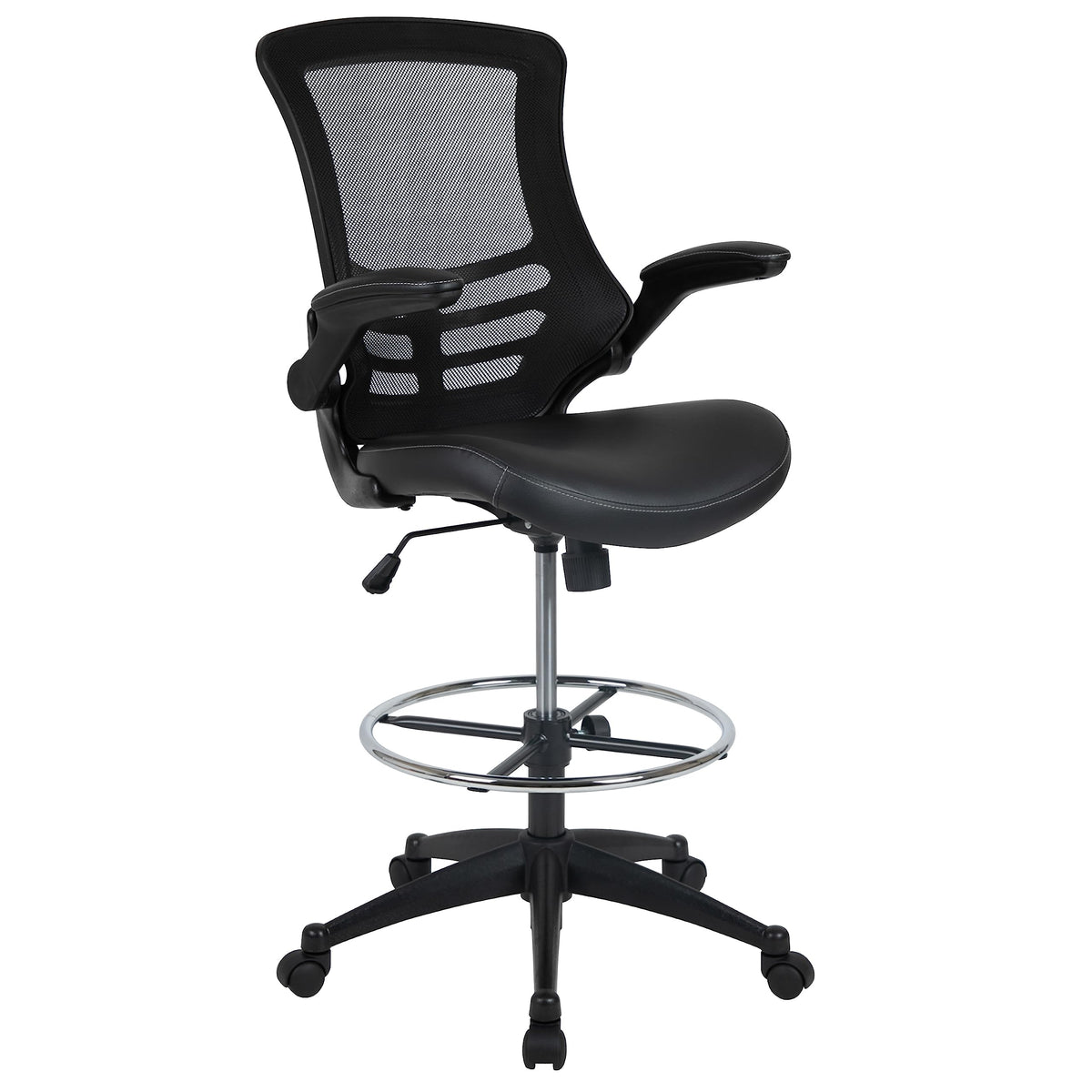 Flash Furniture Kelista Mid-Back Swivel Office Chair with Adjustable LeatherSoft Seat Height, Ergonomic Mesh Chair with Flip-Up Arms, Black