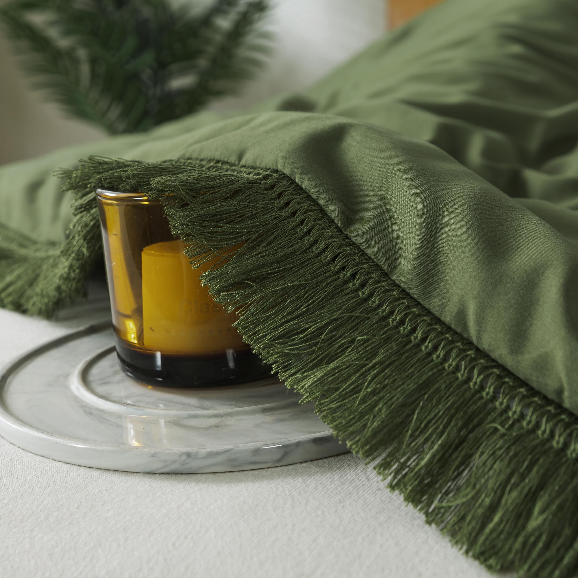 Andency Olive Green Comforter Set King, 3 Pieces Boho Tassel Lightweight Bedding Comforter Sets For King Bed, All Season Soft Fluffy Fringe Bed Set (104X90In Comforter & 2 Pillowcases)