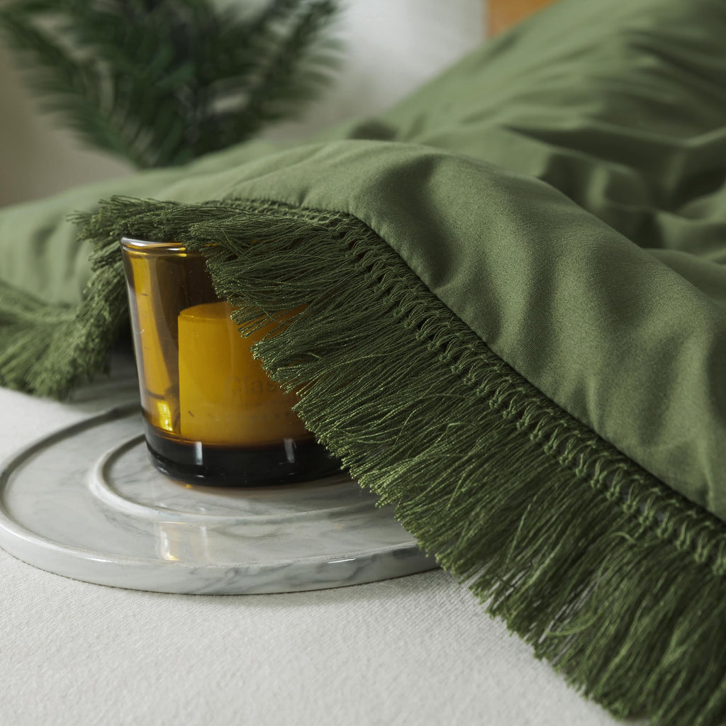 Andency Olive Green Comforter Set King, 3 Pieces Boho Tassel Lightweight Bedding Comforter Sets For King Bed, All Season Soft Fluffy Fringe Bed Set (104X90In Comforter & 2 Pillowcases)