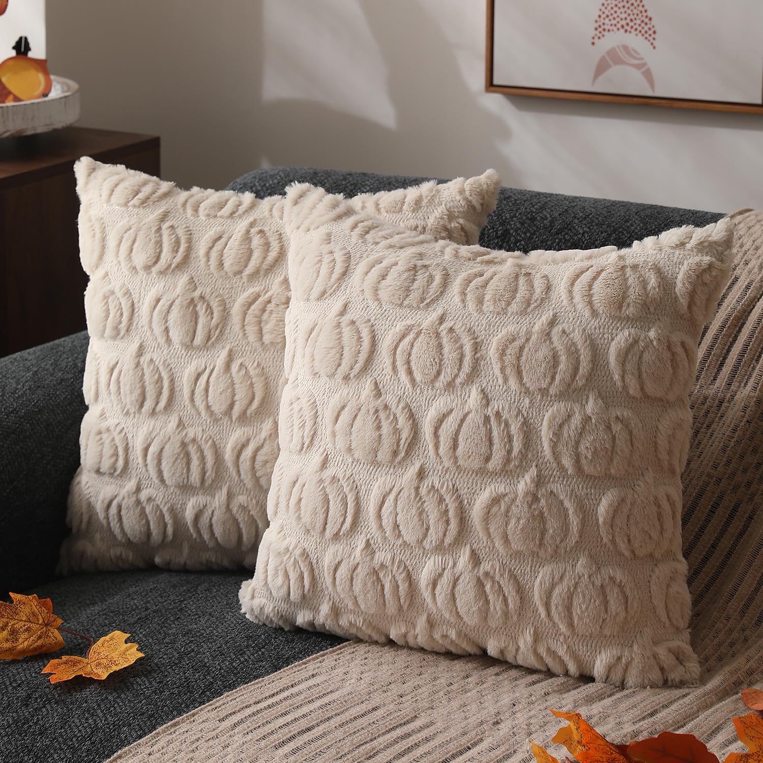 Dfxsz Fall Pillow Covers 18X18 Set Of 2 Fall Decorations Autumn Beige Pumpkin Throw Pillow Cases Soft Plush Faux Fur Wool Couch