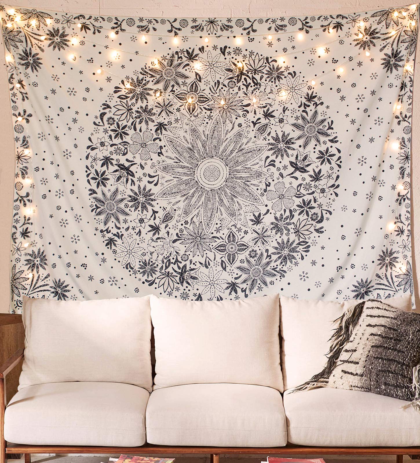 Neasow Bohemian Tapestry Wall Hanging, Beige White Floral Tapestry With Dotted Daisy Medallion Print Bedroom Boho Hippie Home De