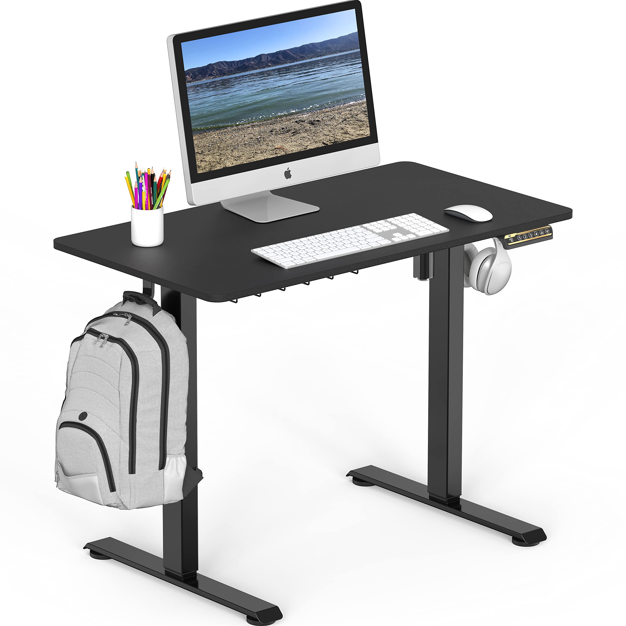 SHW 40 x 22 Inches Electric Height Adjustable Sit to Stand Desk with Hanging Hooks and Cable Management, Black Frame and Black T