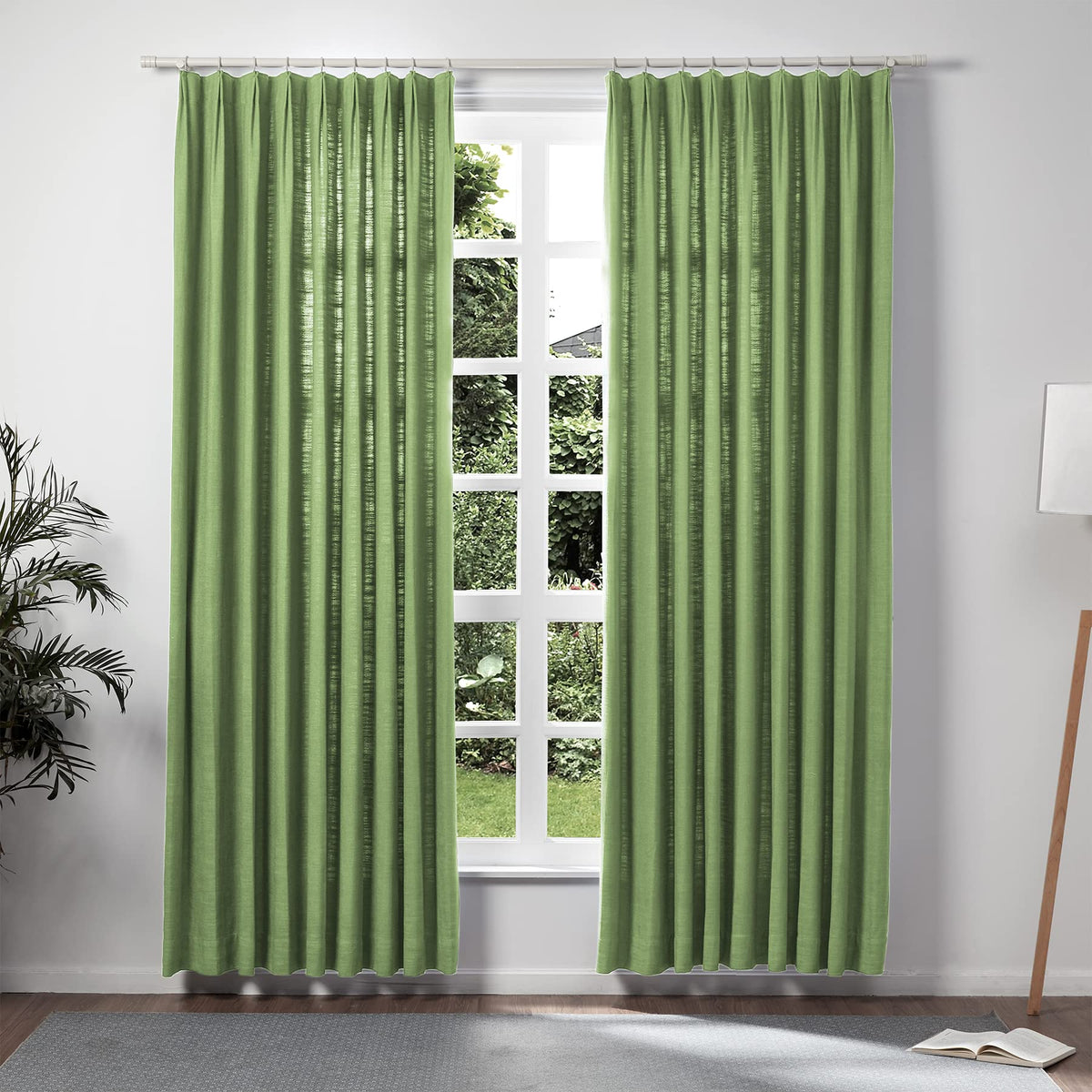 Twopages Extra Wide Green Linen Pinch Pleat Drape For Living Room, Window Treatment Curtain Panel Double Layer Room Darkening Li