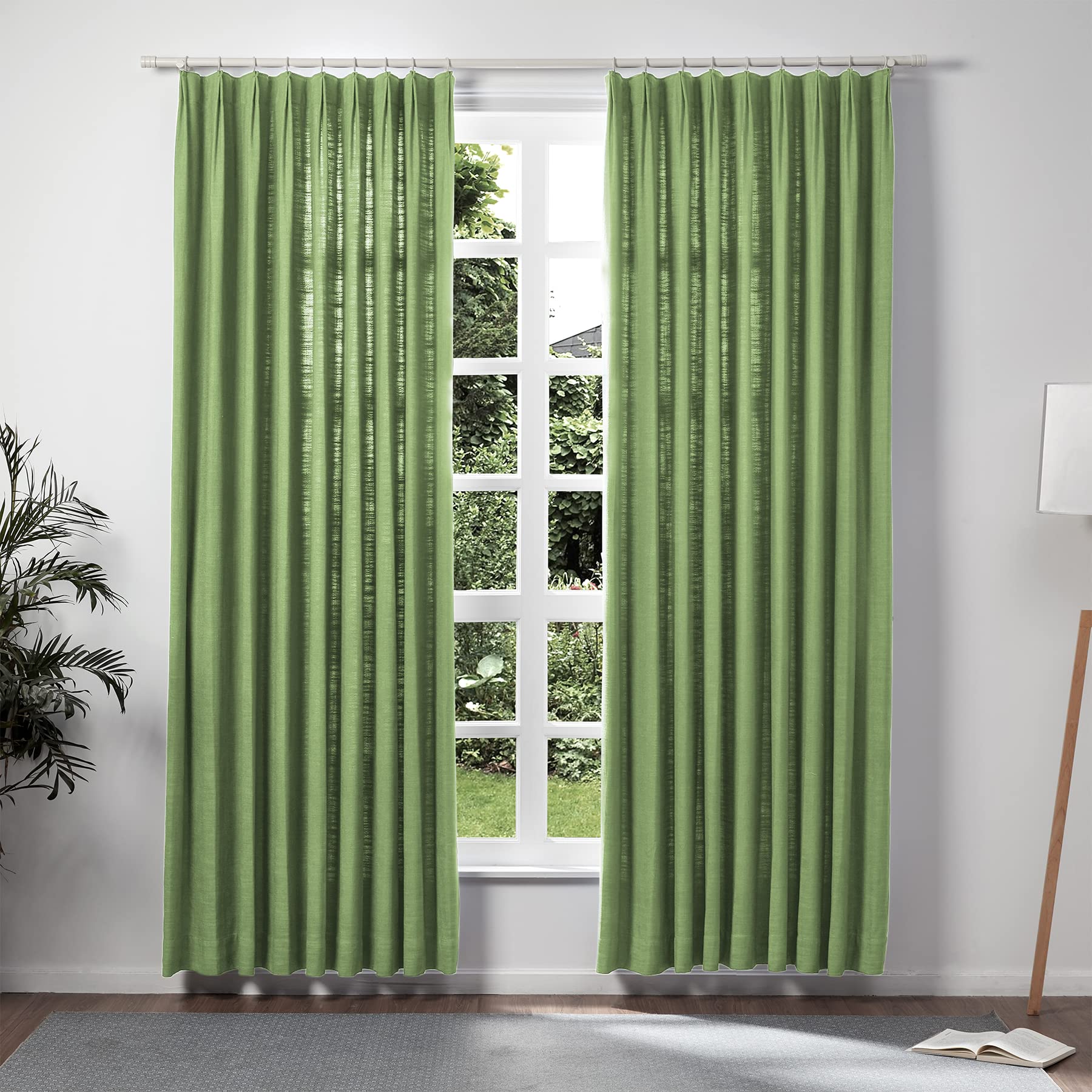Twopages Green Pinch Pleated Drape 102 Inch Length Linen Light Filtering Room Darkening Curtain For Bedroom, Double Layer Lined