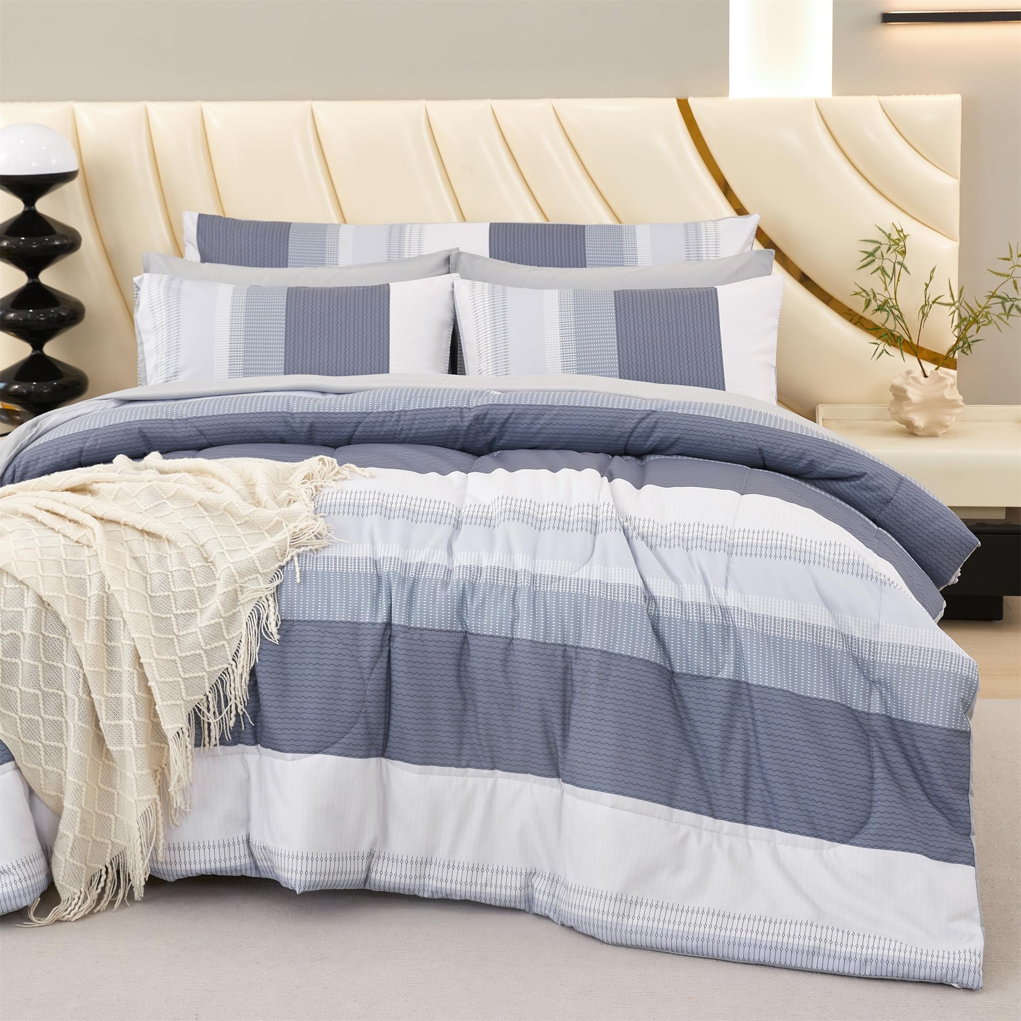Rynghipy Full Size Bed Sets 8 Pieces: Light Grey Stripe Bedding Comforter Sets Soft Fluffy Microfiber Bed In A Bag All Season Be