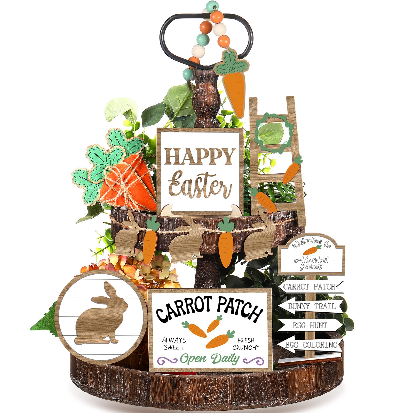 12 Pcs Easter Tiered Tray Decor Wooden Carrot Patch Bunny Egg Items Happy Easter Tray Signs for Spring Home Farmhouse Rustic Kit