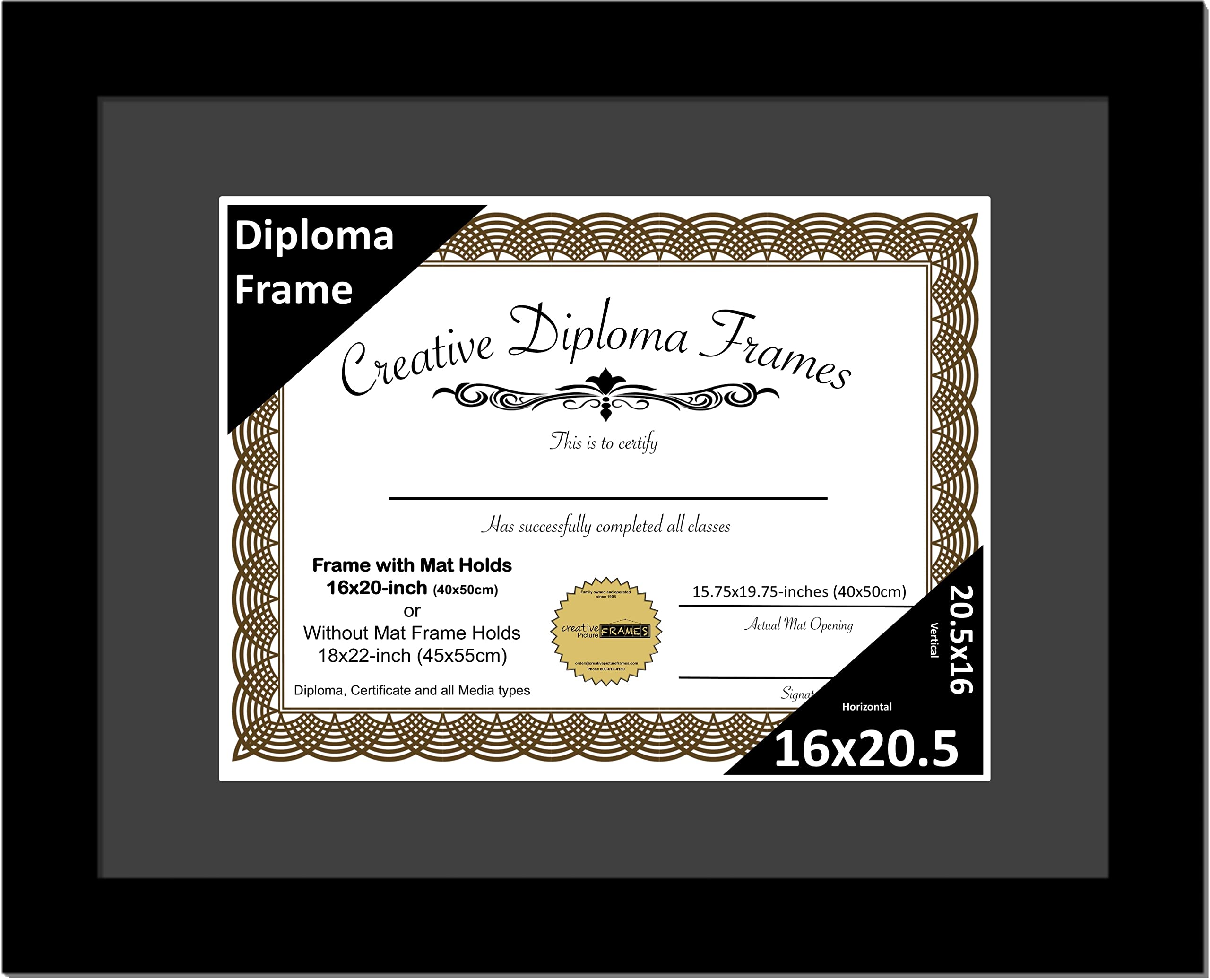 Creative Picture Frames 16x20.5 Classic Black Diploma Frame with Black Mat Glass Easel and Installed Wall Hangers | Frame Holds 