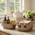Knotty Rope Handcrafted Coastal Weave Storage Organizers | Rectangular Handwoven Jute Baskets With Fabric Handles For Bathroom, 