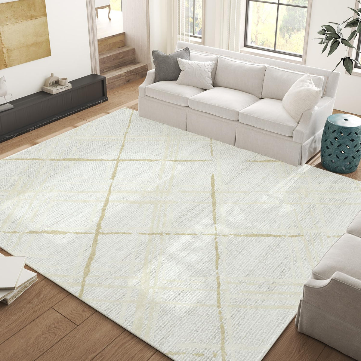 jinchan Area Rug 6x9 Modern Washable Rug Abstract Rug Geometric Grid Non Slip Accent Rug Thin Rug Indoor Floor Cover Beige Lines