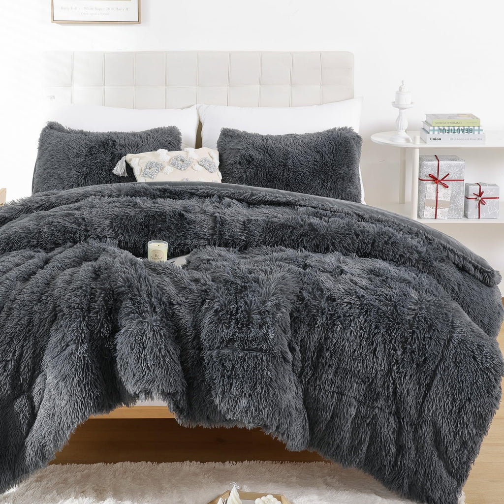 Smoofy Faux Fur Comforter Set Full Size 3Pcs Dark Grey Fluffy Fuzzy Plush Comforter Set Cute Soft Shaggy Velvet Double-Sided Bed