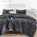 Smoofy Faux Fur Comforter Set Full Size 3Pcs Dark Grey Fluffy Fuzzy Plush Comforter Set Cute Soft Shaggy Velvet Double-Sided Bed