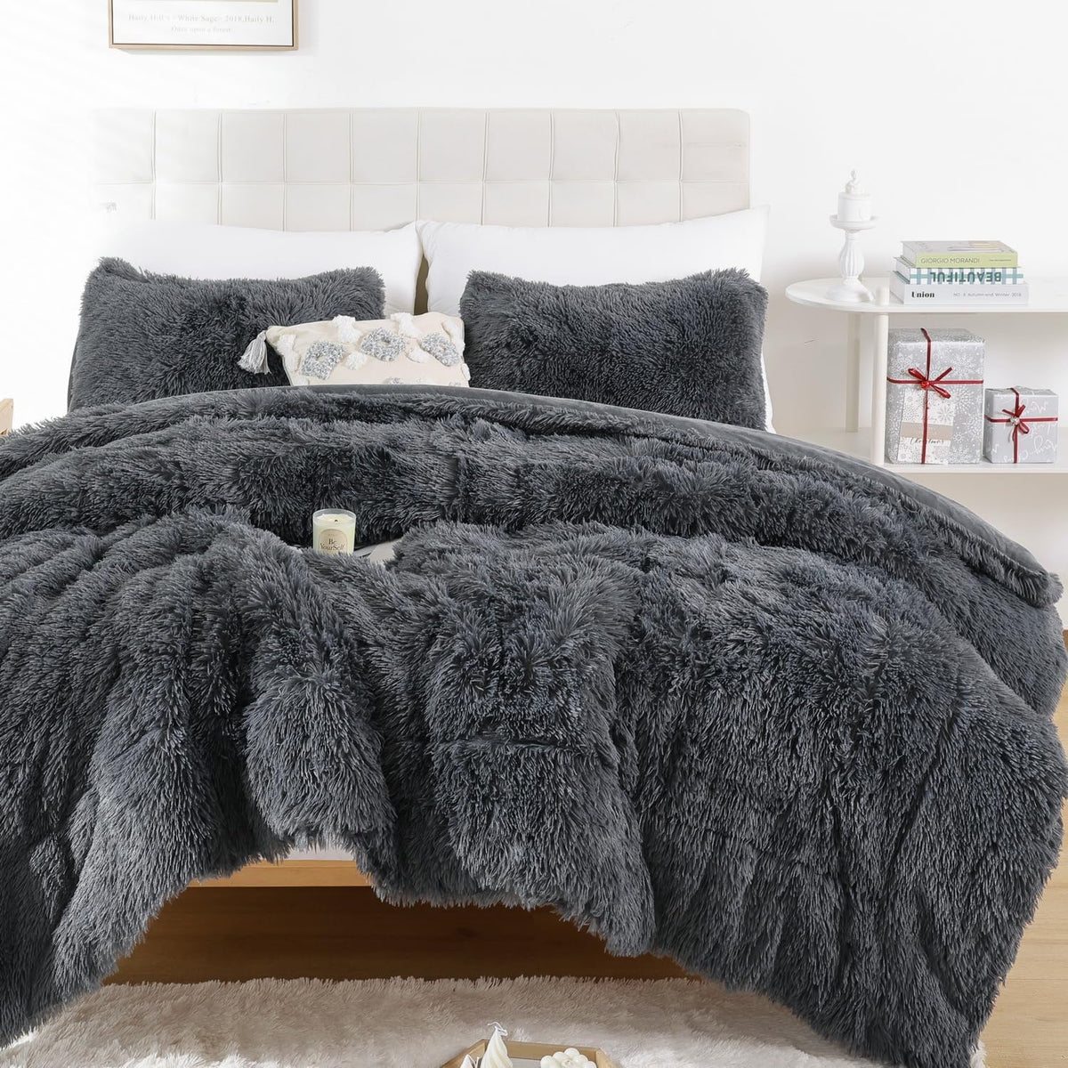 Smoofy Faux Fur Comforter Set Full Size 3Pcs Dark Grey Fluffy Fuzzy Plush Comforter Set Cute Soft Shaggy Velvet Double-Sided Bed