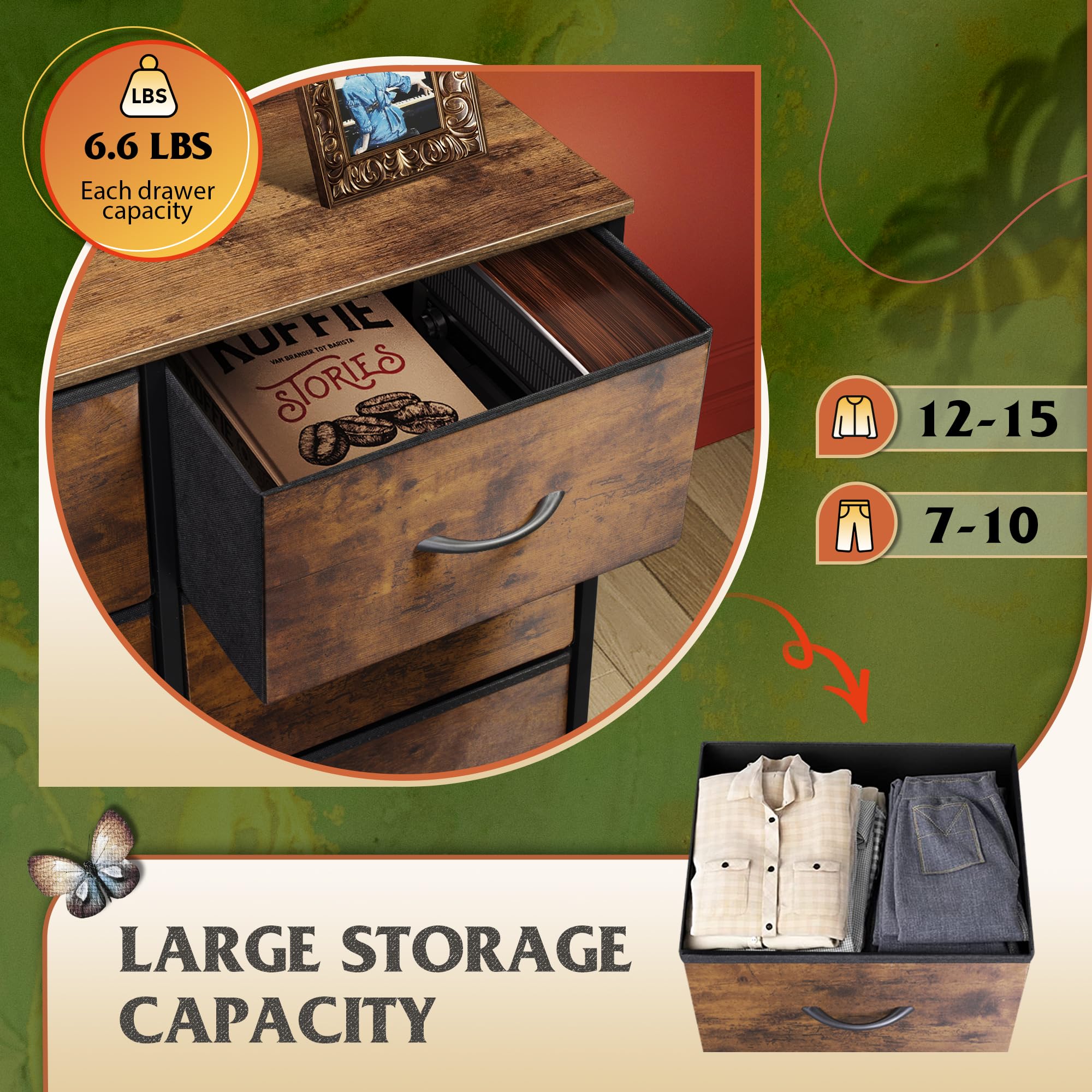 Wlive Tall Fabric Dresser With 8 Drawers, Storage Tower With Fabric Bins, Double Dresser, Chest Of Drawers For Closet, Bedroom, Living Room, Hallway, Dorm, Rustic Brown Wood Grain Print