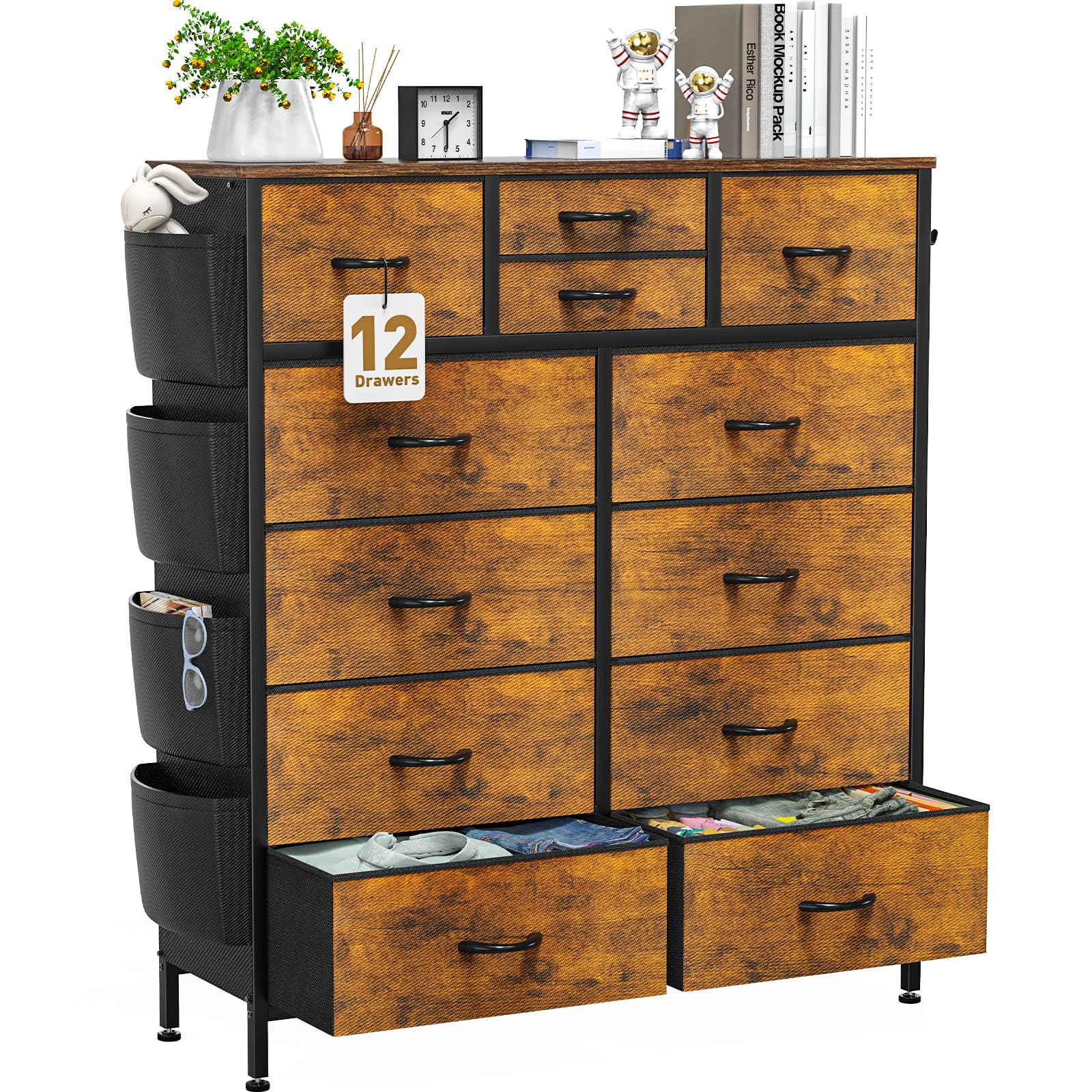 Yafiti 12 Drawer Dresser, Chest Of Drawers For Bedroom, Fabric Dresser Drawers With Side Pockets, Hooks, Wooden Top And Sturdy M