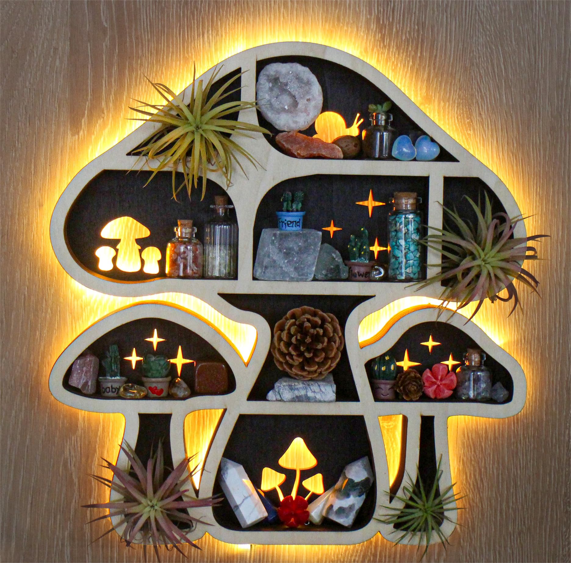LED Mushroom Decor Cute Mushroom Floating Shelves, Crystal Shelf Display for Wall, Rock Gem Stone Storage Organizer, Trinkets Ho